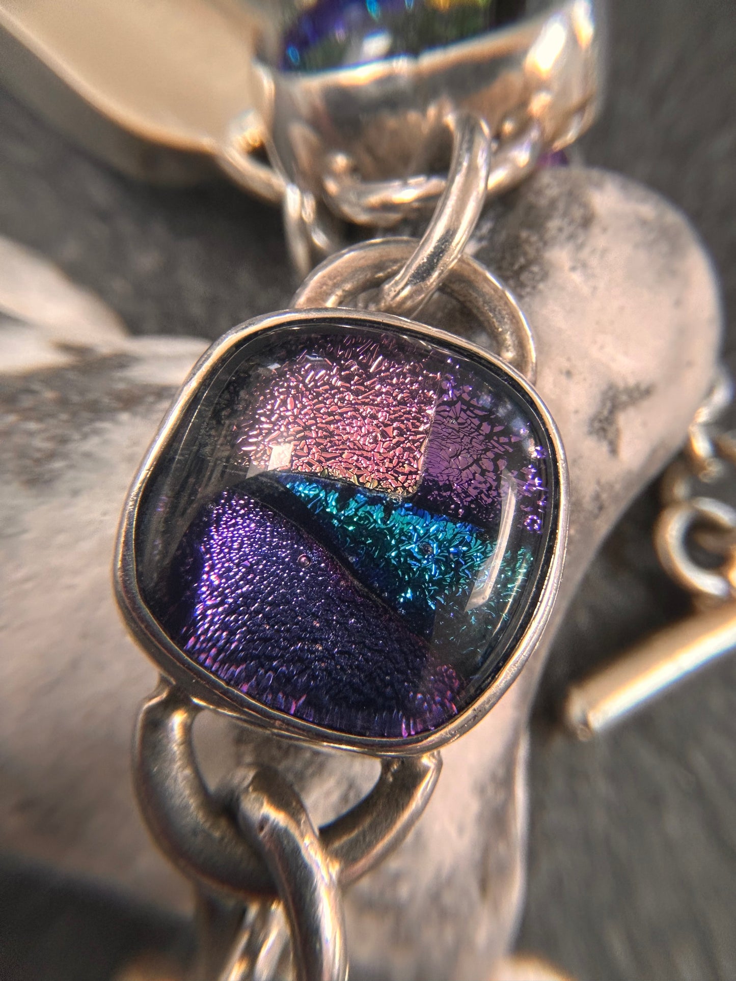 Vintage Sterling Silver Dichroic Glass Bracelet – Statement Piece