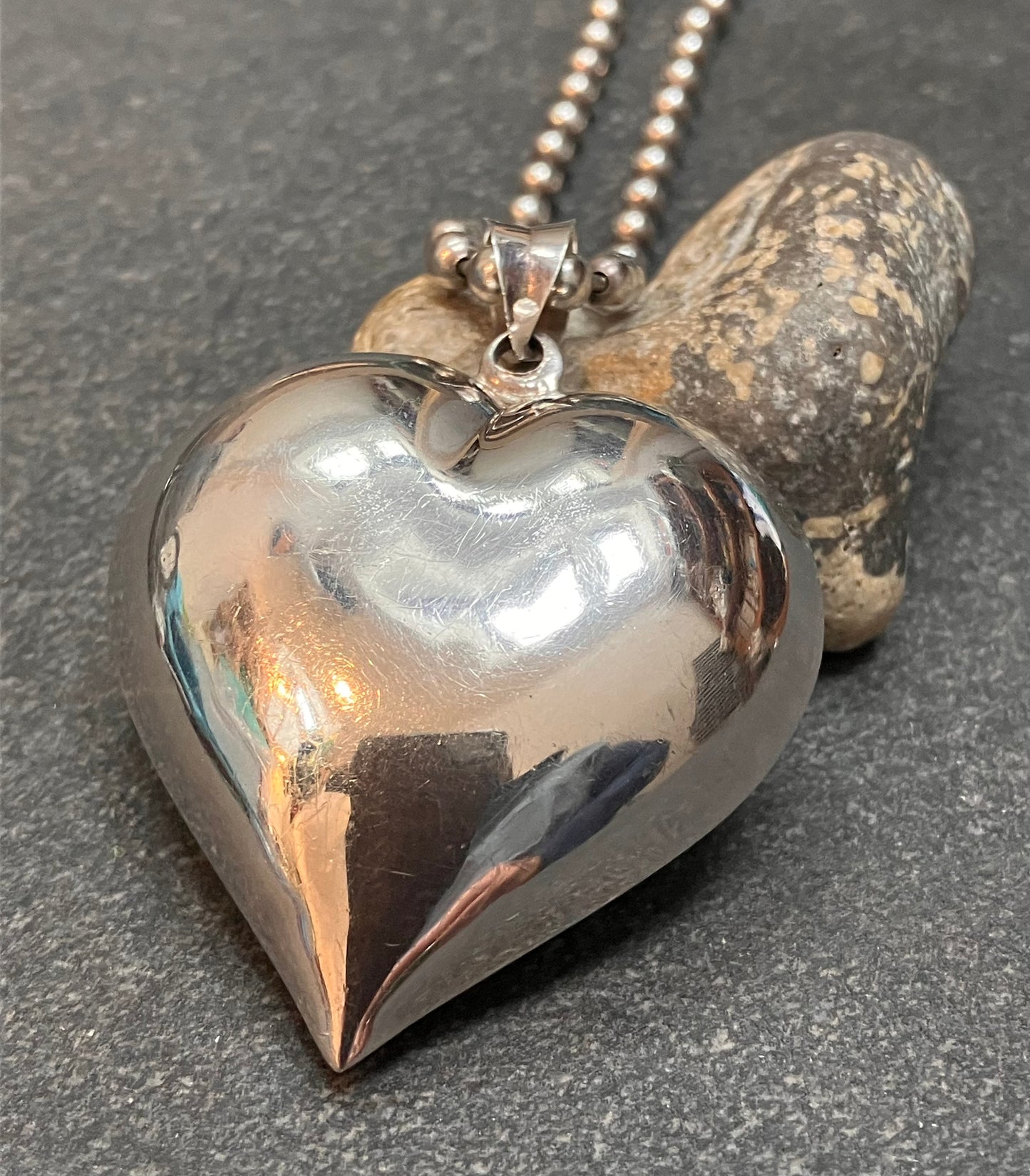 A spectacular vintage sterling silver heart and original sterling silver ball chain. 1994