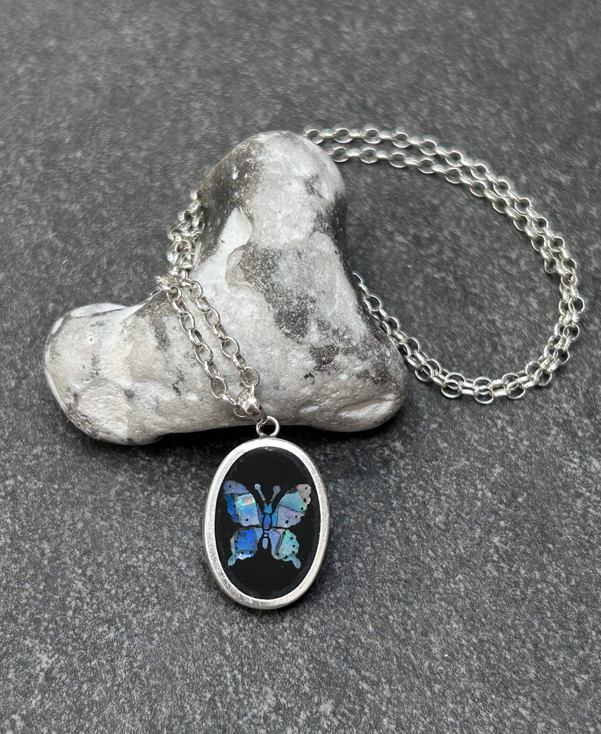 Vintage Sterling Silver, Black Onyx & Opal Butterfly Necklace