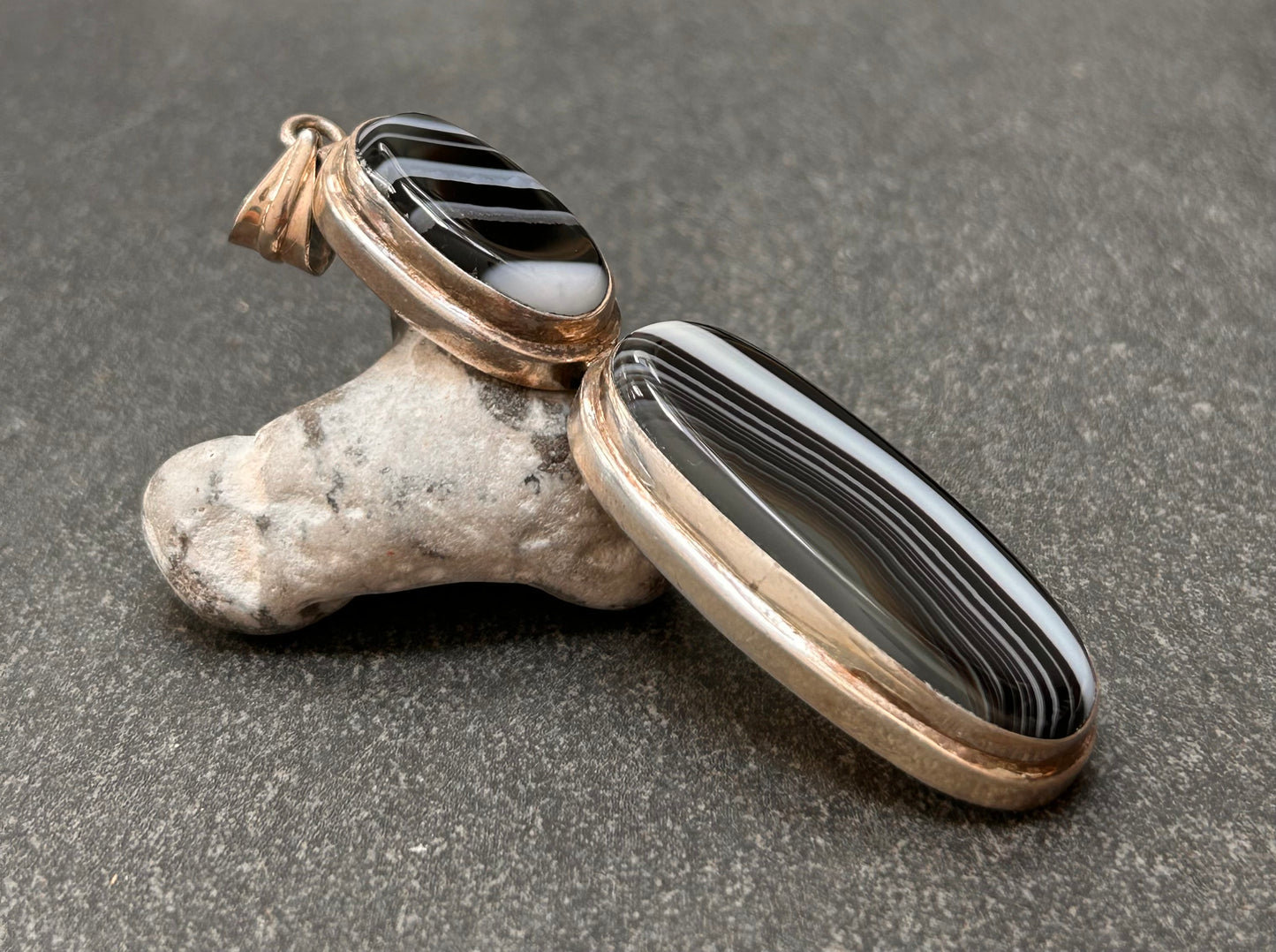 Vintage Sterling Silver Black Banded Agate Statement Pendant.