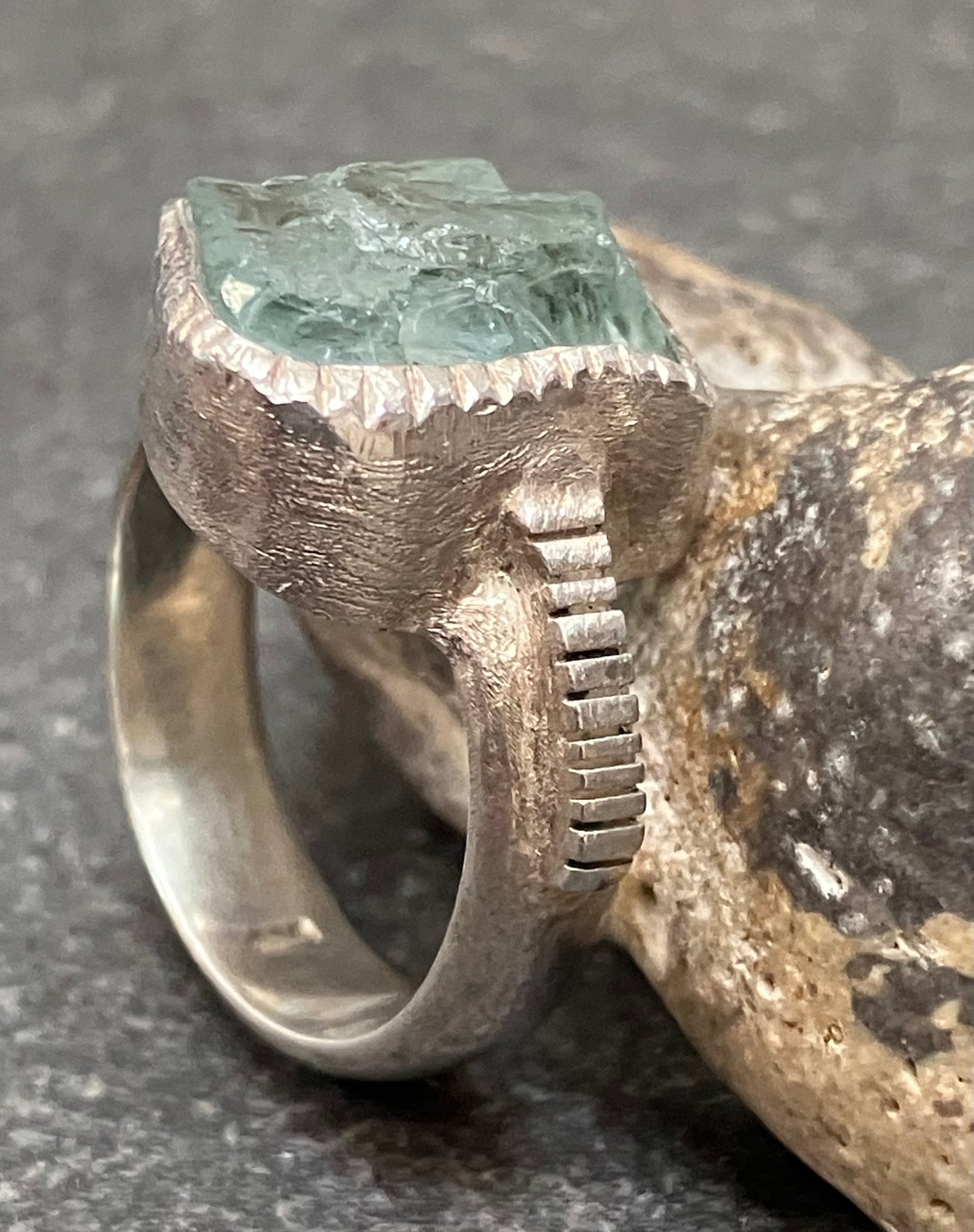 Artisan vintage ‘one off’ raw cut piece of aquamarine crystal ring.
