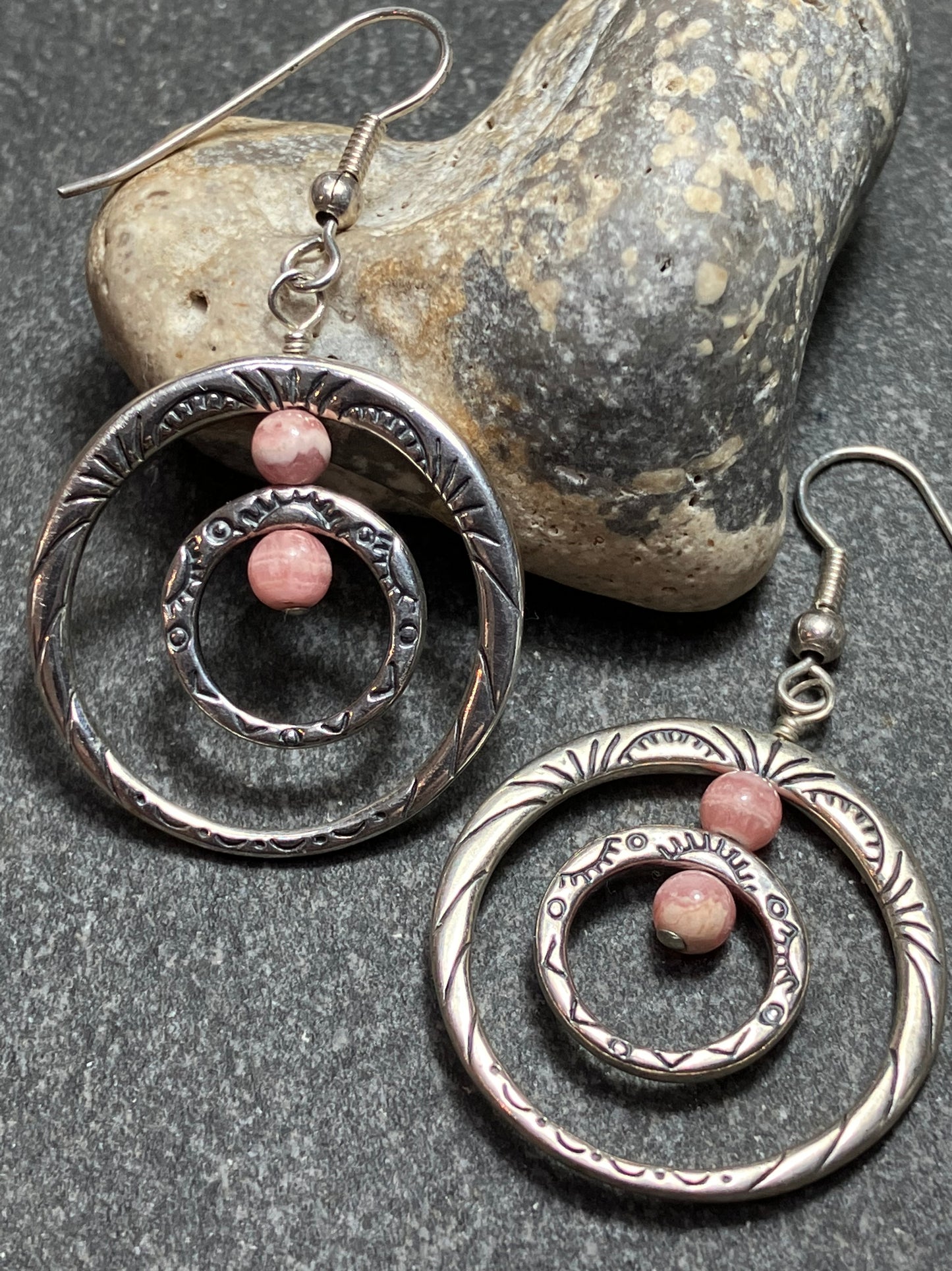 Vintage sterling silver earrings with natural pink Rhodochrosite beads.