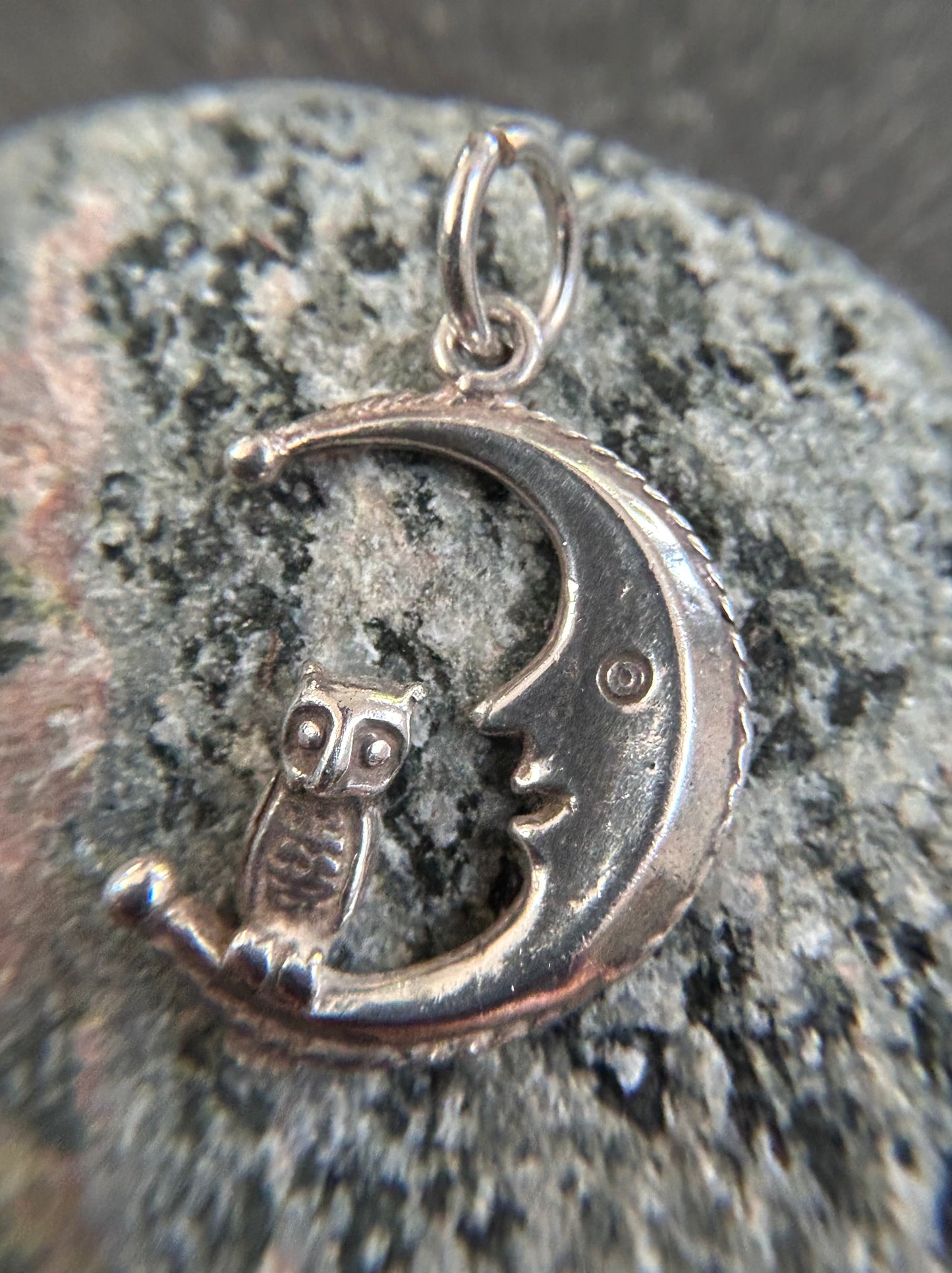 A beautifully whimsical vintage moon and owl pendant