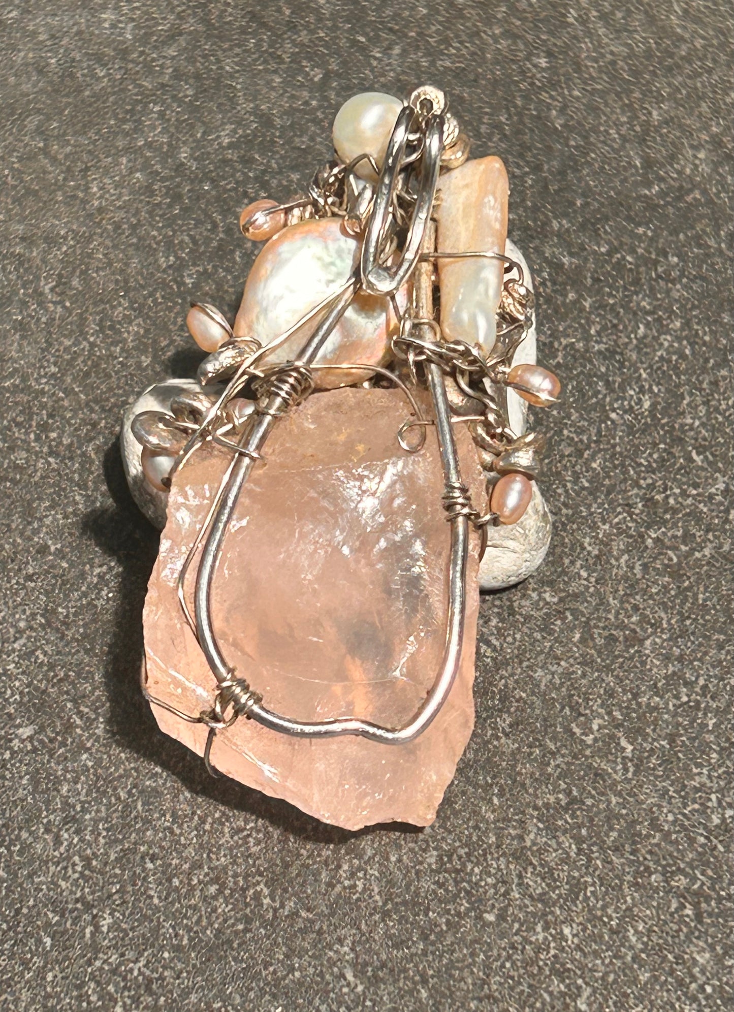 Unique Handmade Rose Quartz, Pearl and Sterling Silver Pendant