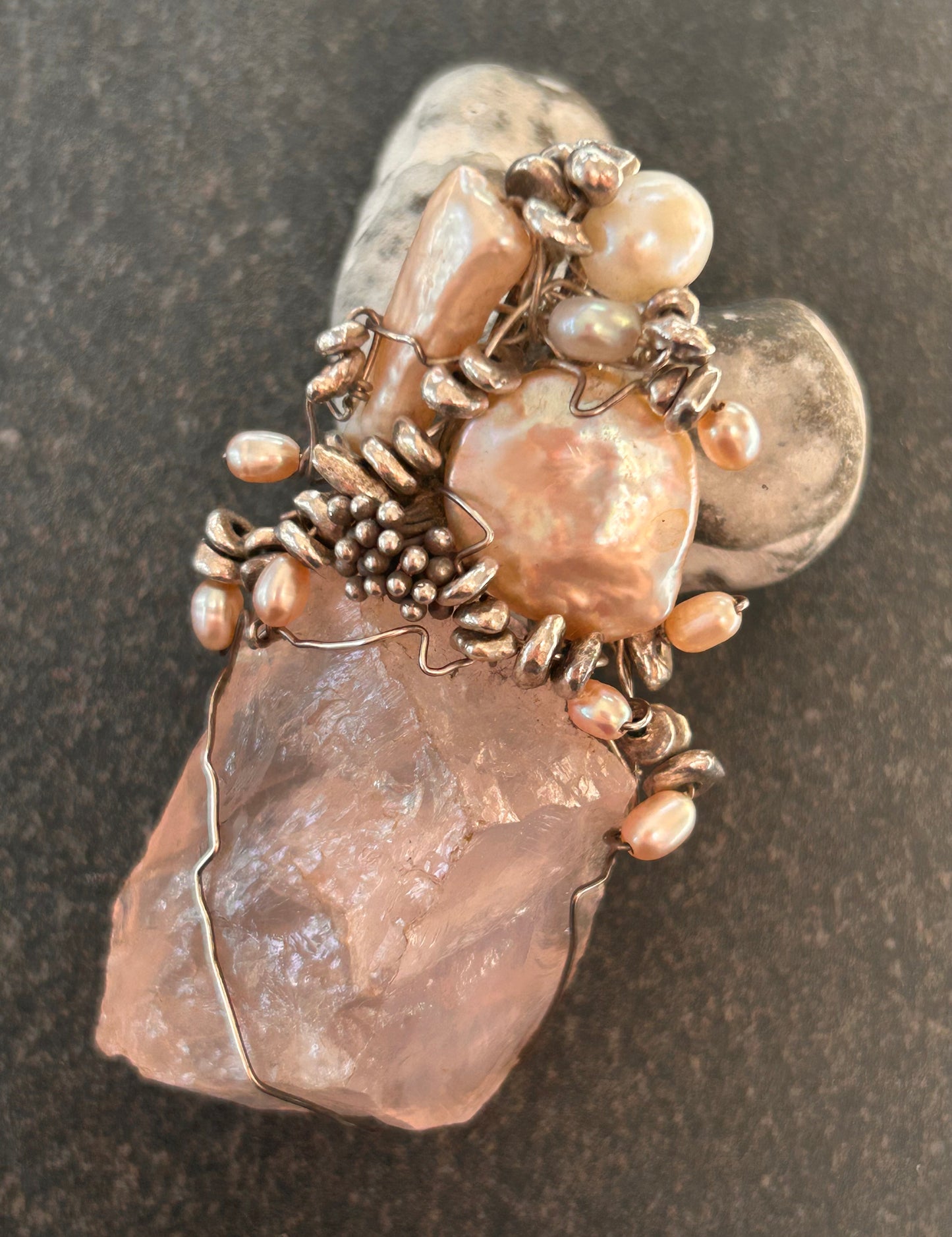 Unique Handmade Rose Quartz, Pearl and Sterling Silver Pendant