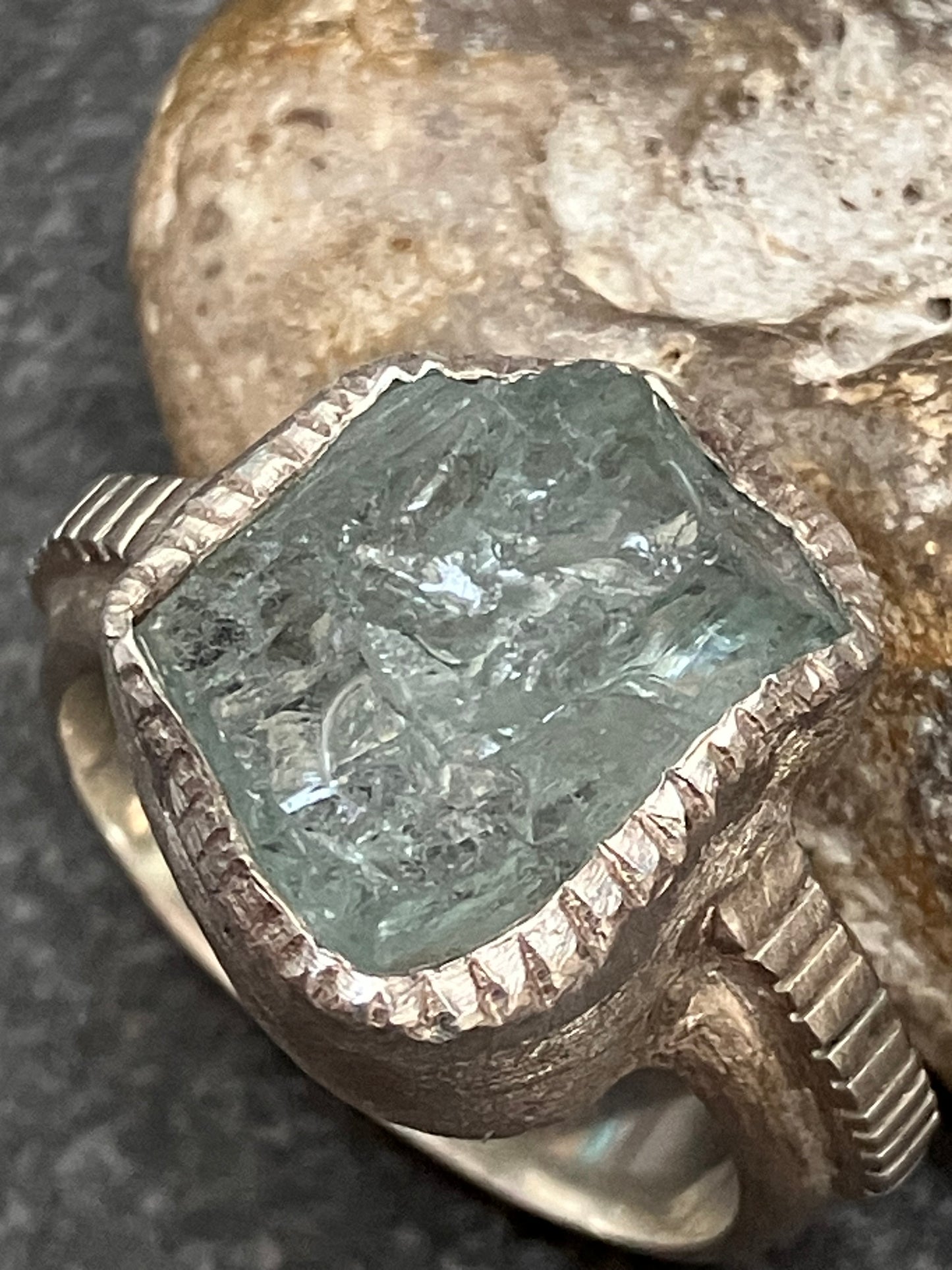 Artisan vintage ‘one off’ raw cut piece of aquamarine crystal ring.