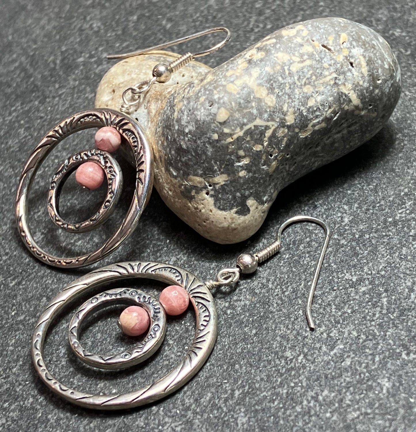 Vintage sterling silver earrings with natural pink Rhodochrosite beads.