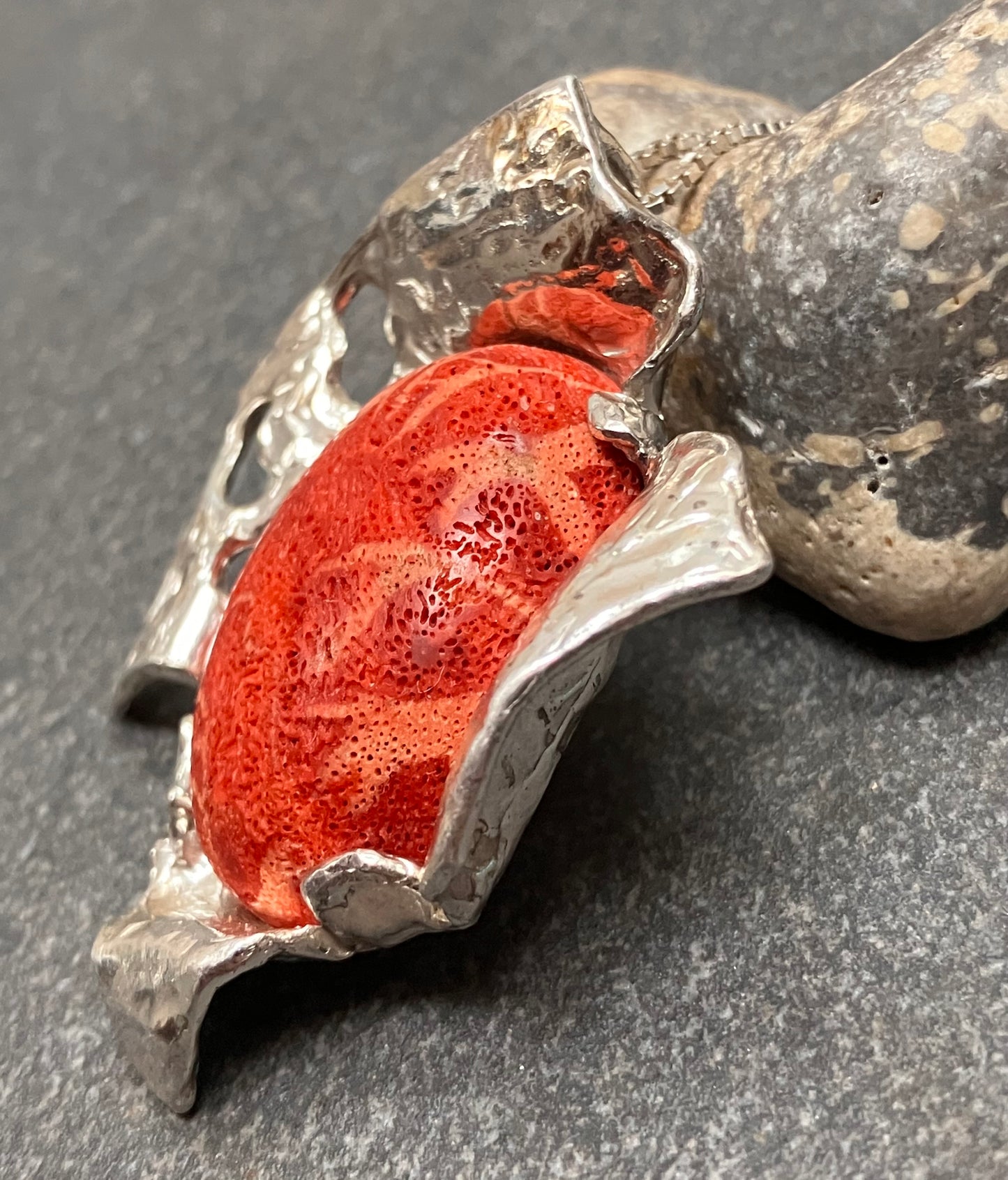 Statement vintage sterling silver and sponge coral artisan pendant with original vintage chain.