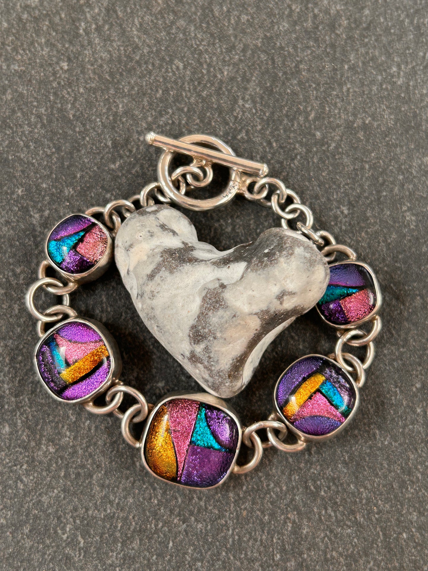 Vintage Sterling Silver Dichroic Glass Bracelet – Statement Piece