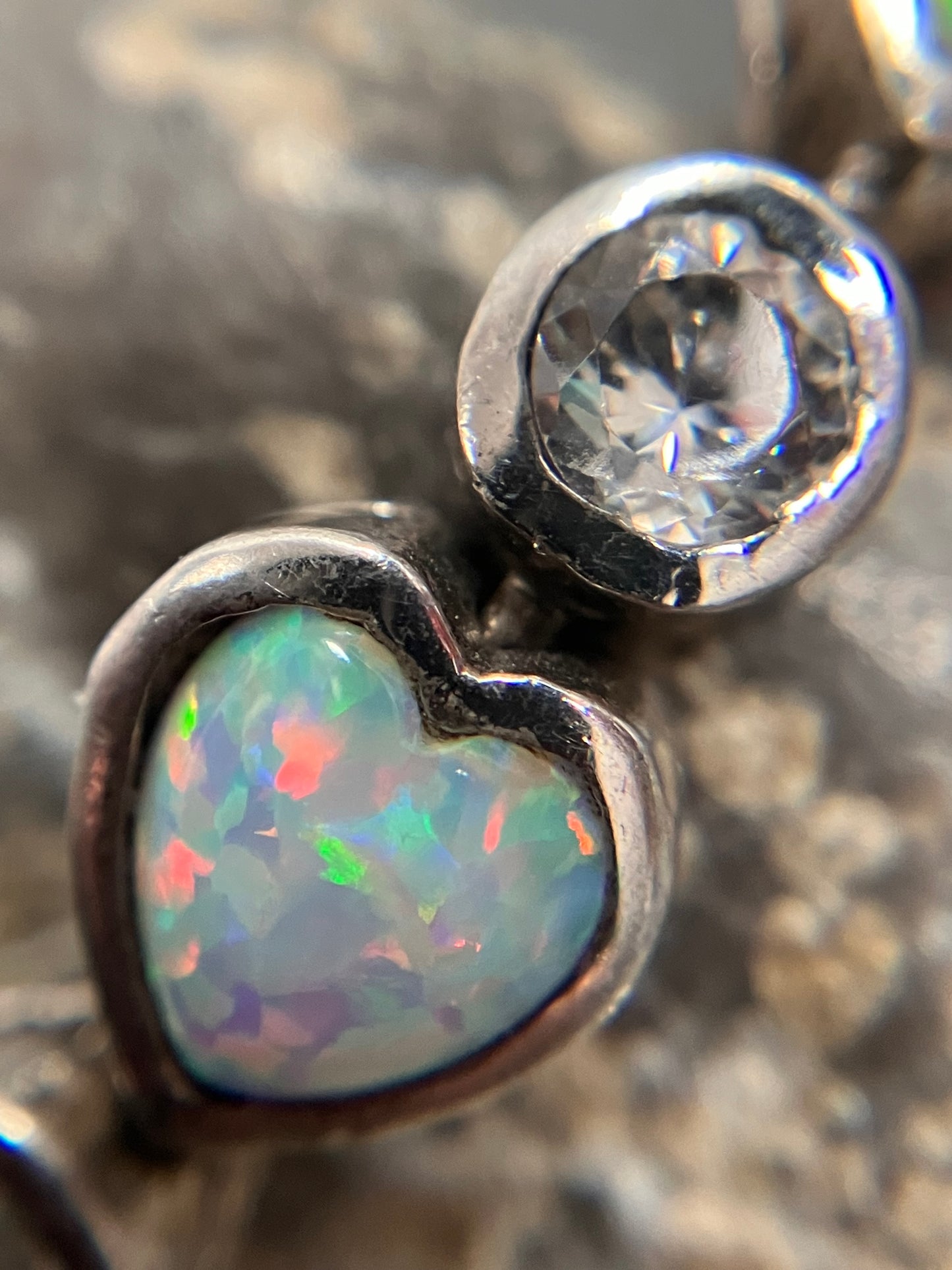 Elegant vintage sterling silver synthetic opal drop earrings.