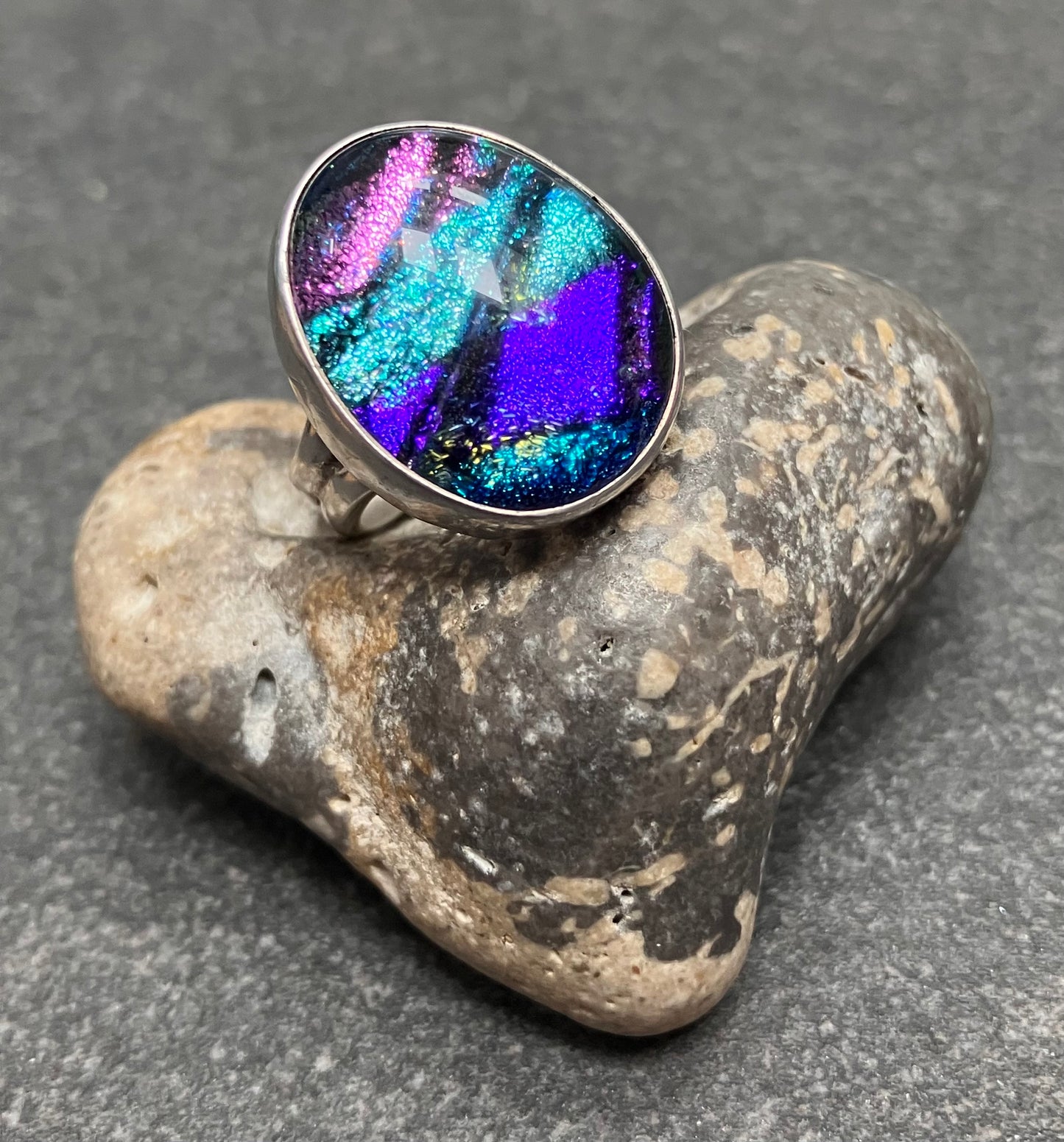 Vintage sterling silver and dichroic glass ring.