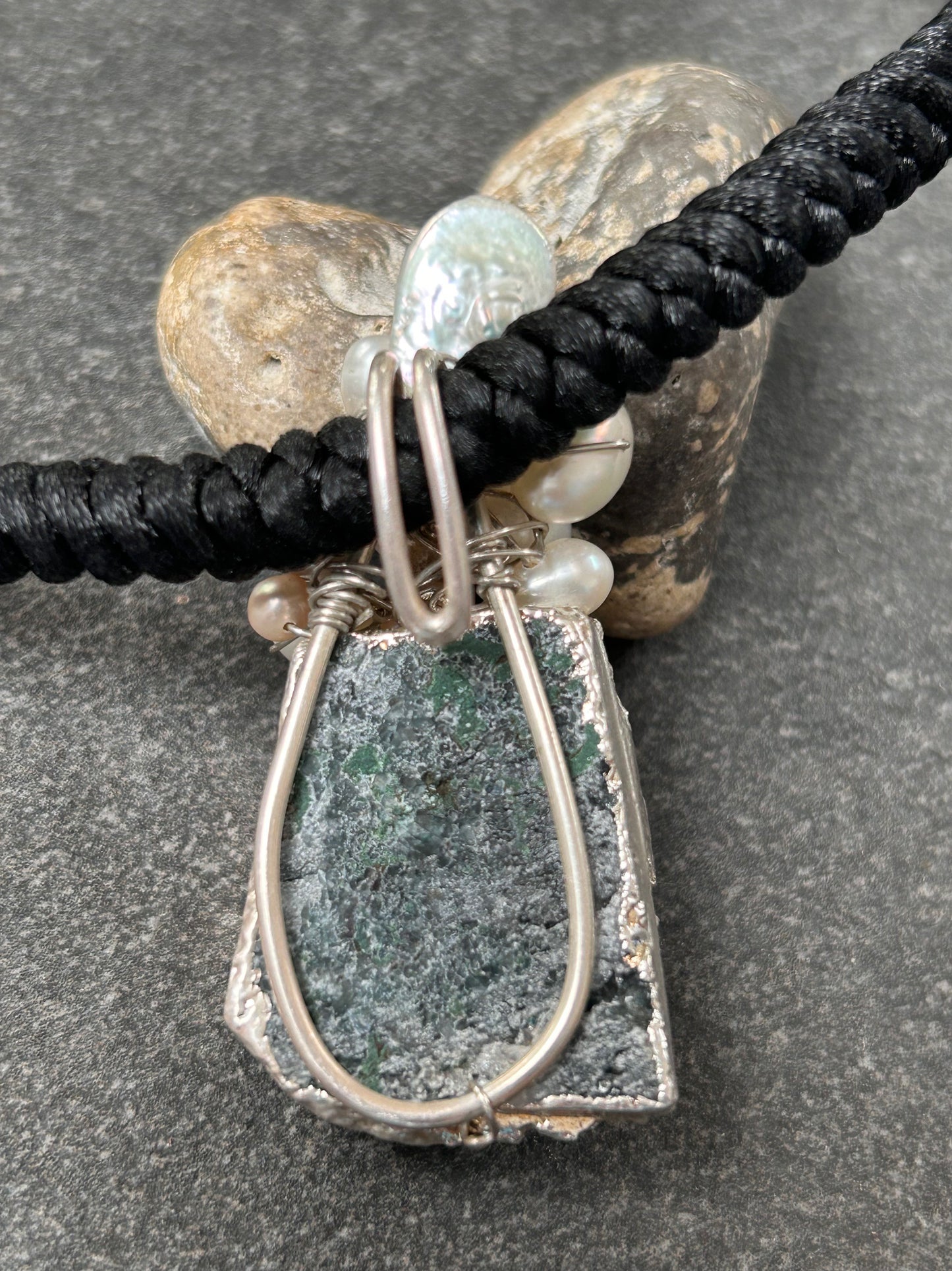 Unique handmade artisan pendant, a combination of Aquamarine crystal, pearls and sterling silver