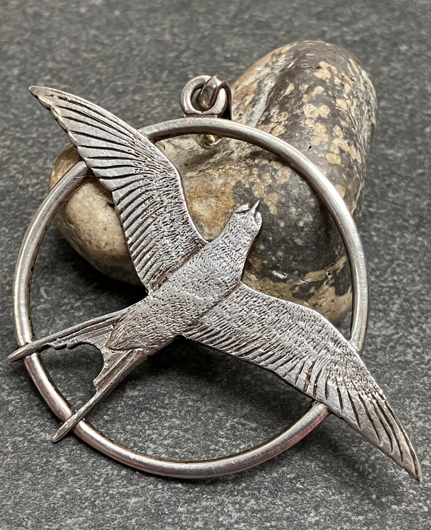 Vintage sterling silver Shetland pendant depicting an Arctic Tern in flight. 1973-4