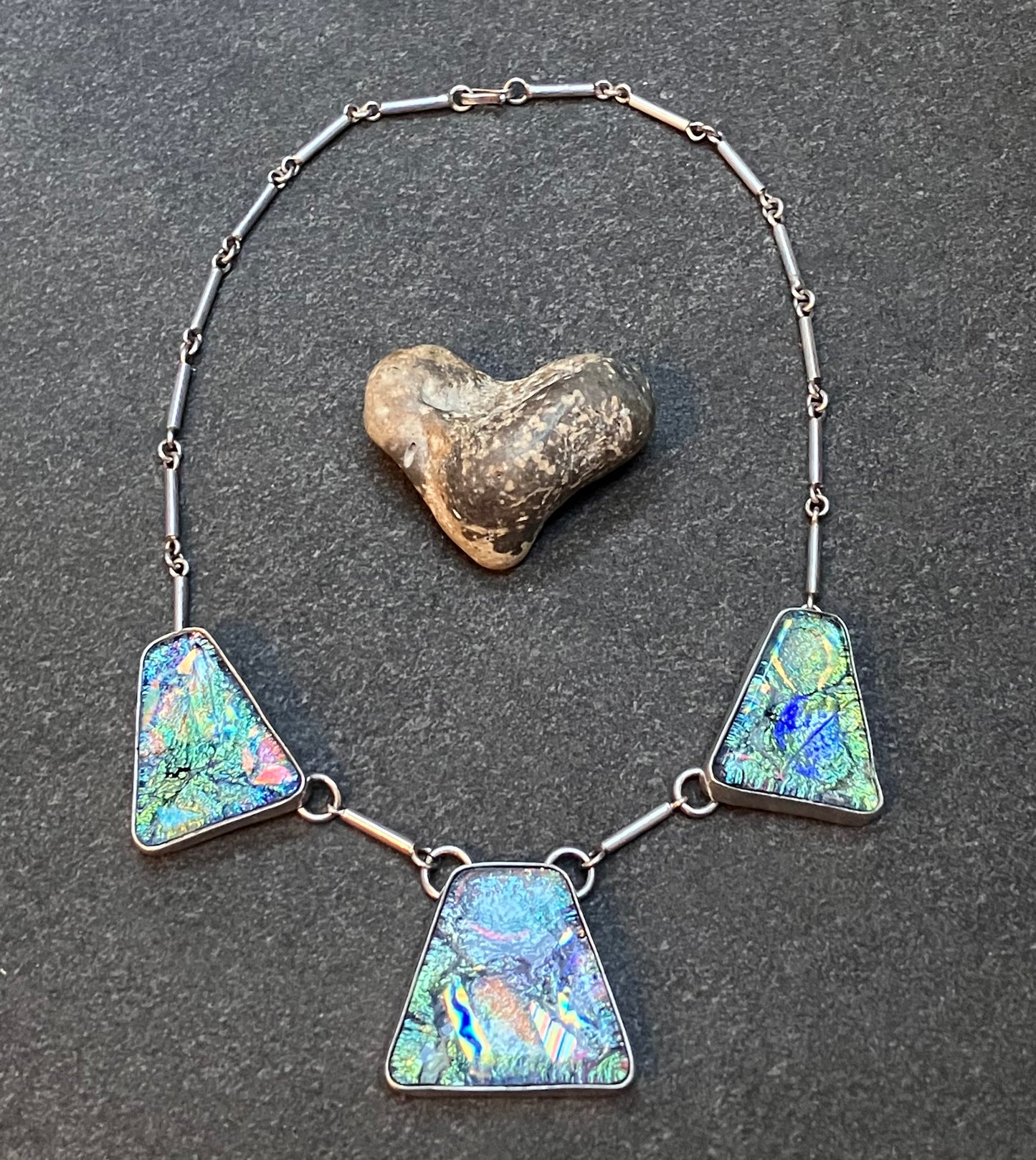 Truly spectacular vintage sterling silver and dichroic glass necklace.