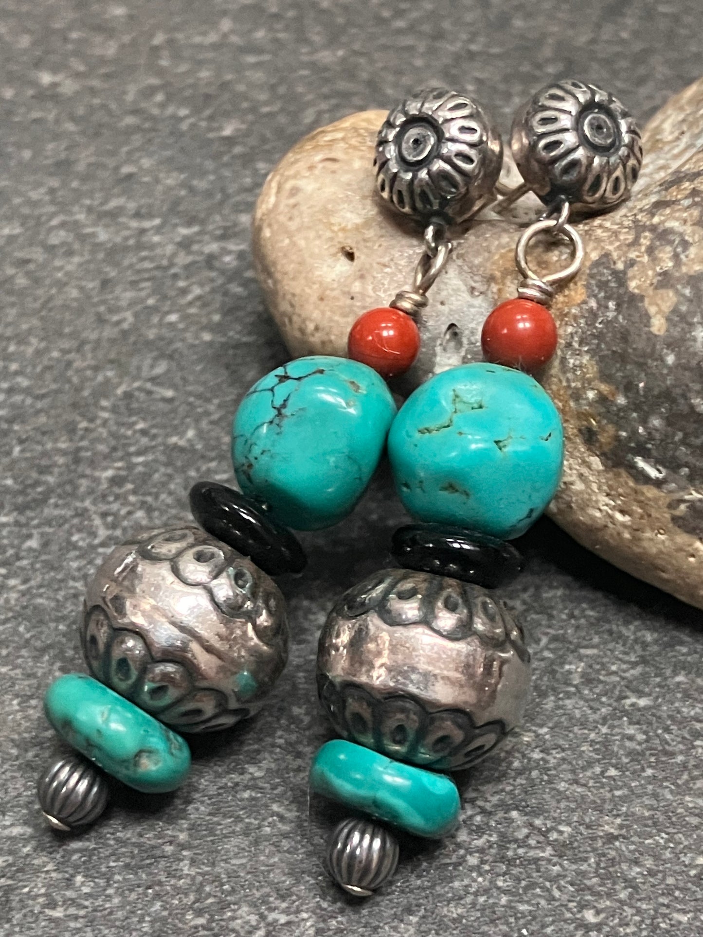 Vintage sterling silver, turquoise, obsidian and mahogany obsidian earrings.