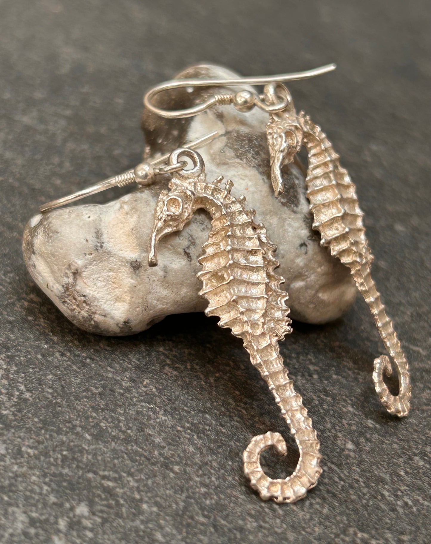 Vintage Artisan Sand-Cast Sterling Silver Seahorse Earrings