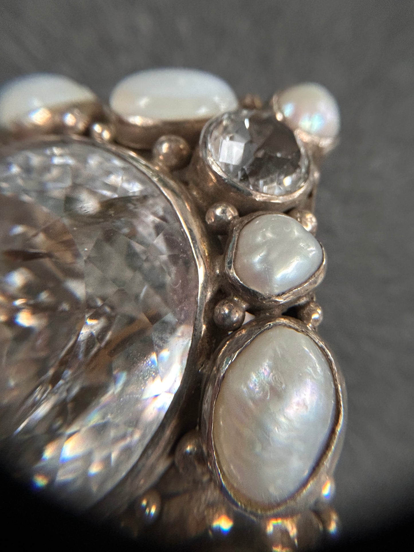 Spectacular Polish Artisan Double-Finger Ring.
Sterling Silver, Rock Crystal, Topaz, Opals, Aquamarine & Pearls.