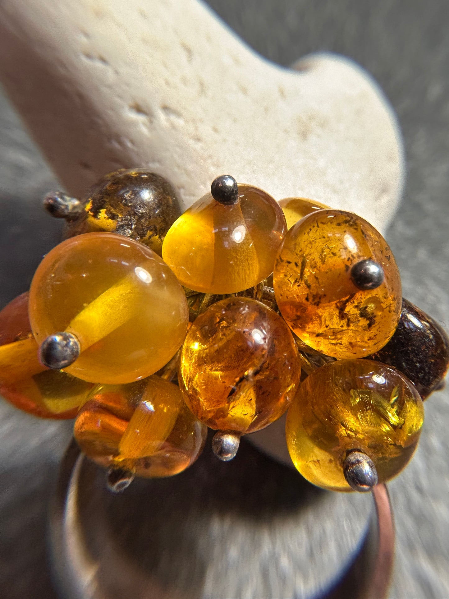 Vintage Sterling Silver & Amber Cluster Ring