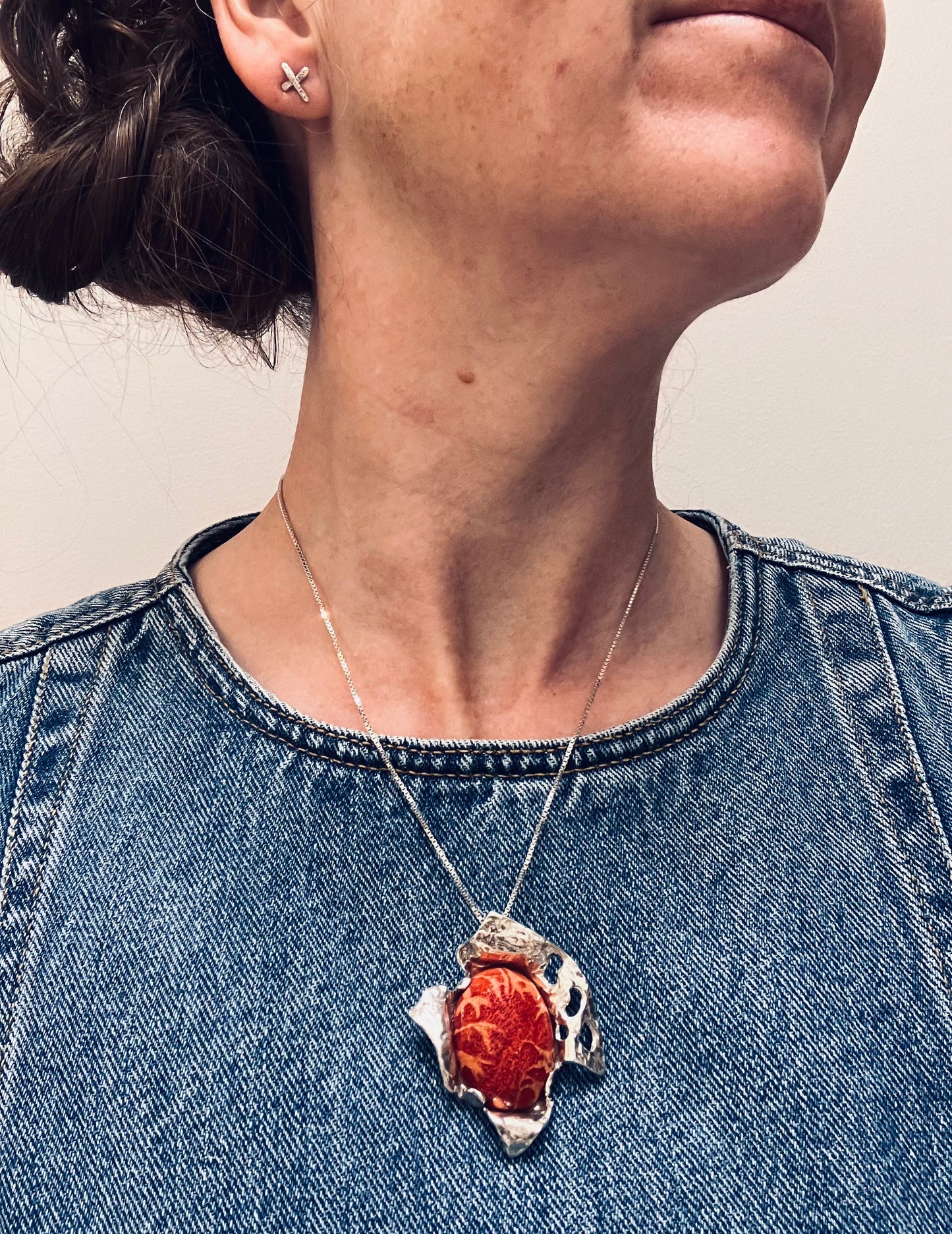 Statement vintage sterling silver and sponge coral artisan pendant with original vintage chain.