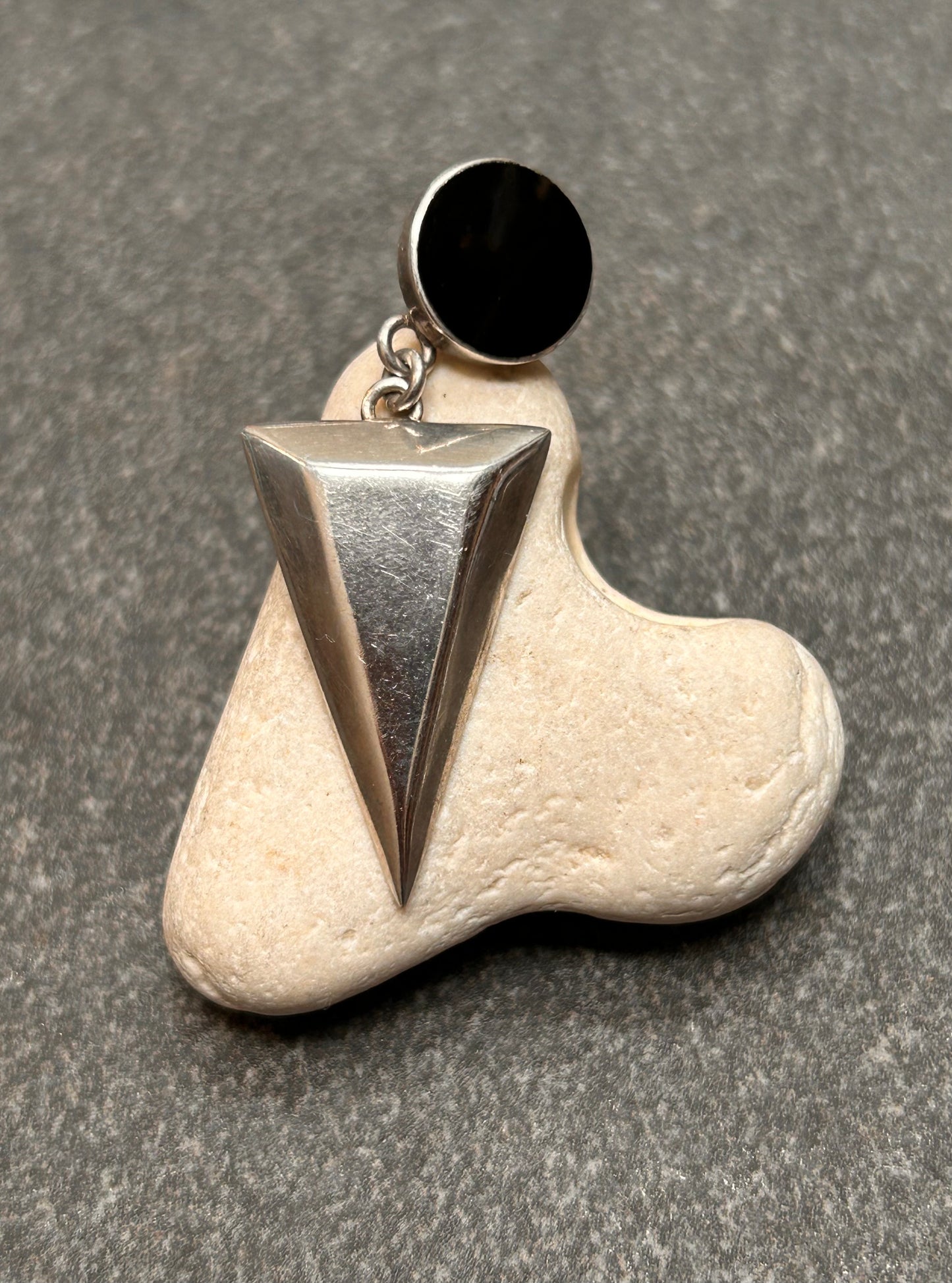 A pair of vintage sterling silver geometric drop earrings with a distinct 1980s aesthetic.