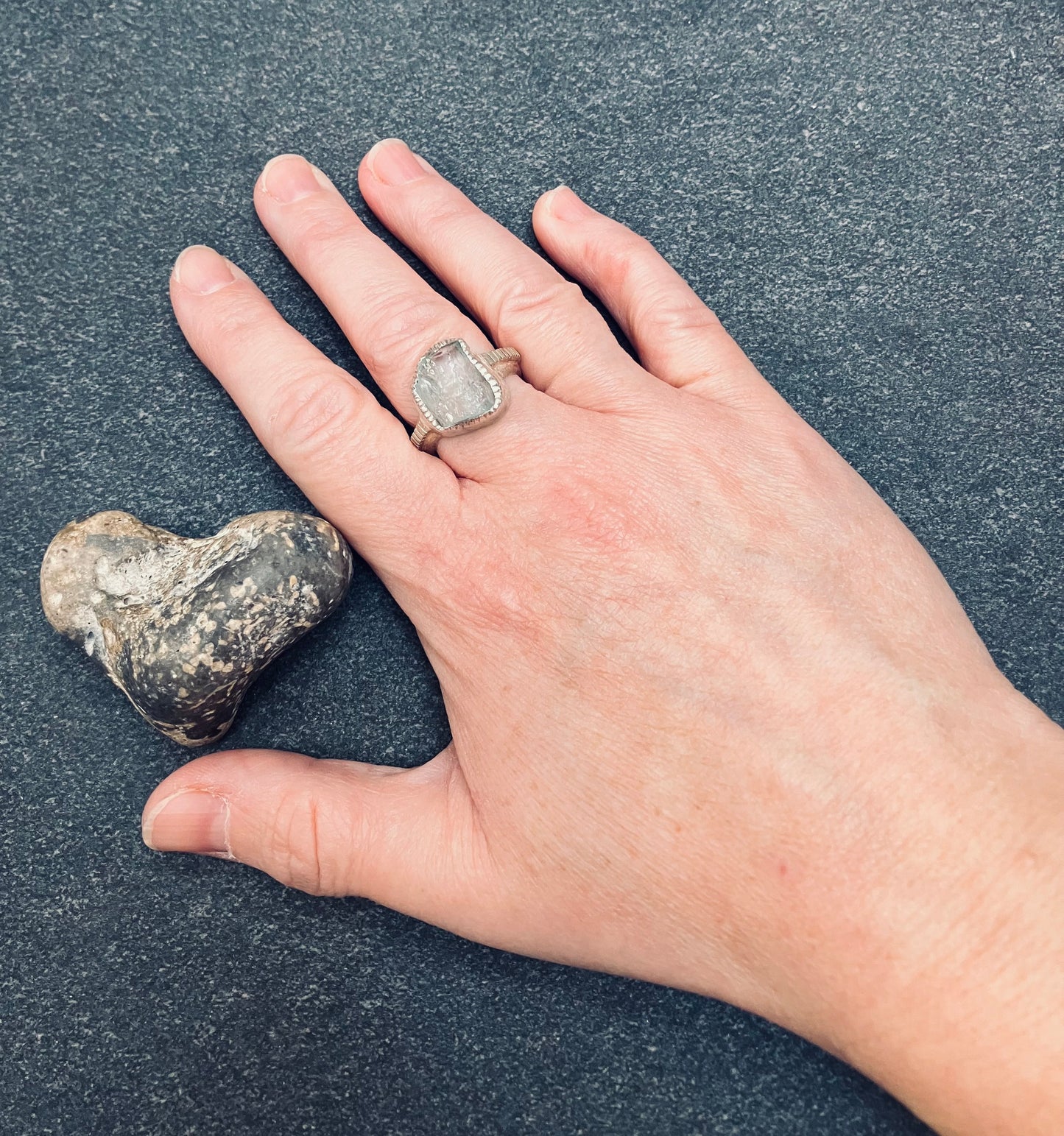 Artisan vintage ‘one off’ raw cut piece of aquamarine crystal ring.