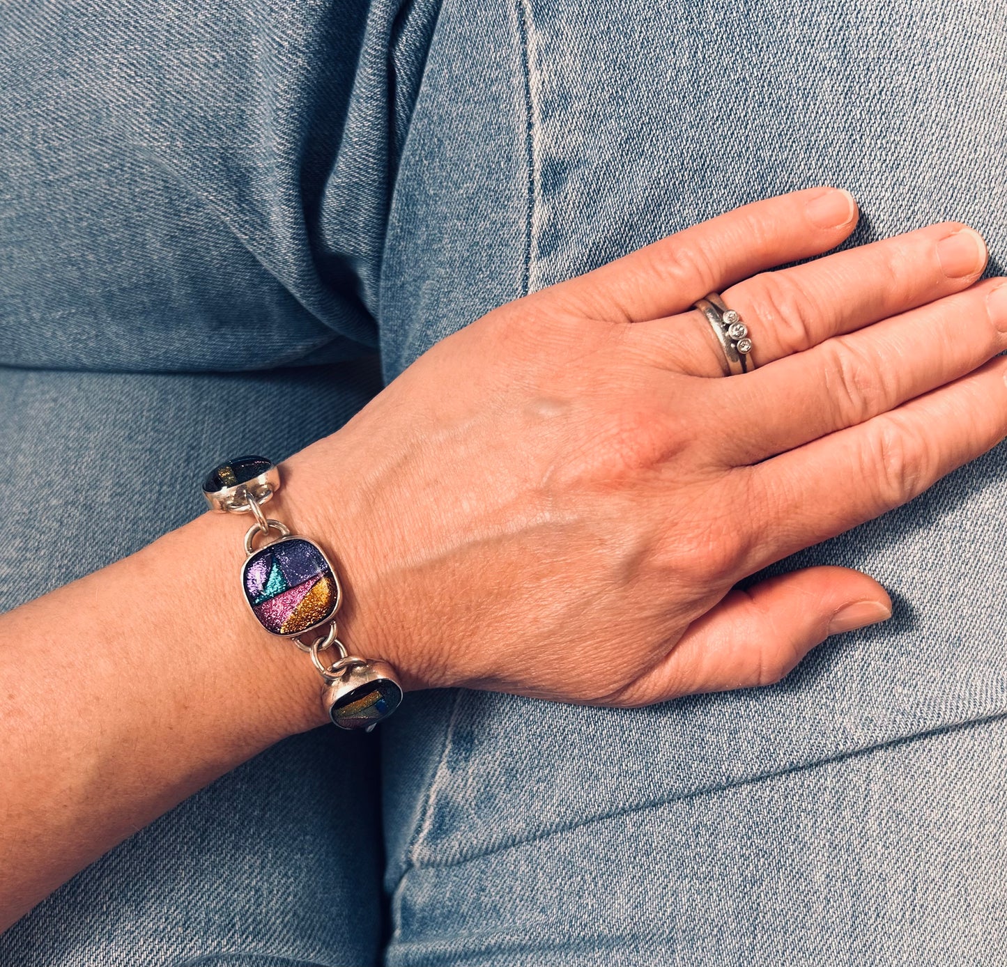 Vintage Sterling Silver Dichroic Glass Bracelet – Statement Piece