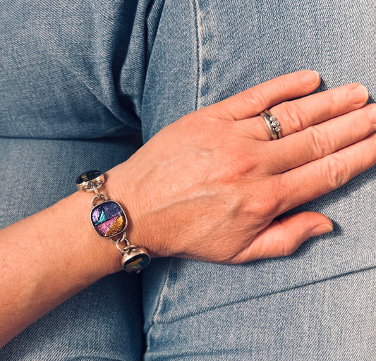 Vintage Sterling Silver Dichroic Glass Bracelet – Statement Piece