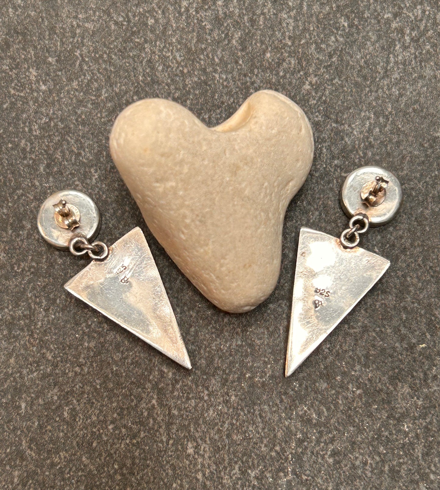 A pair of vintage sterling silver geometric drop earrings with a distinct 1980s aesthetic.