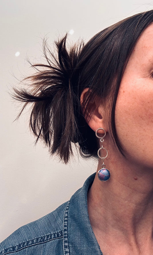 Vintage sterling silver statement drop earrings featuring striking marbled aluminium discs