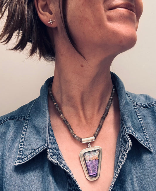 A striking vintage sterling silver dichroic glass pendant in an exceptional large statement size