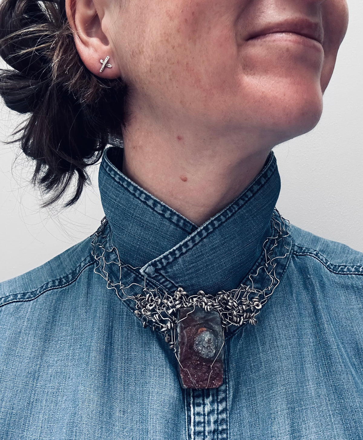 One-of-a-Kind Sculptural Sterling Silver & Ferruginous Quartz Necklace.