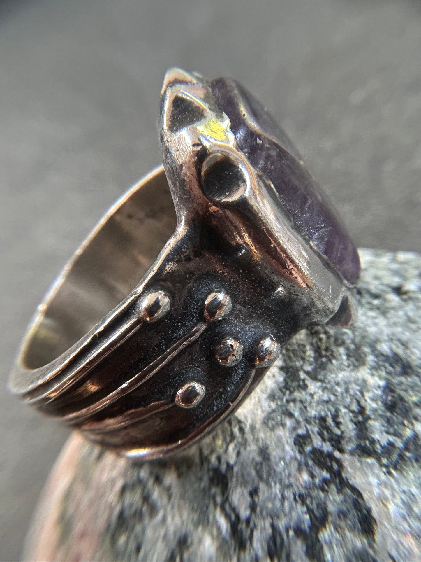 This artisan amethyst ring is a striking, one-of-a-kind.