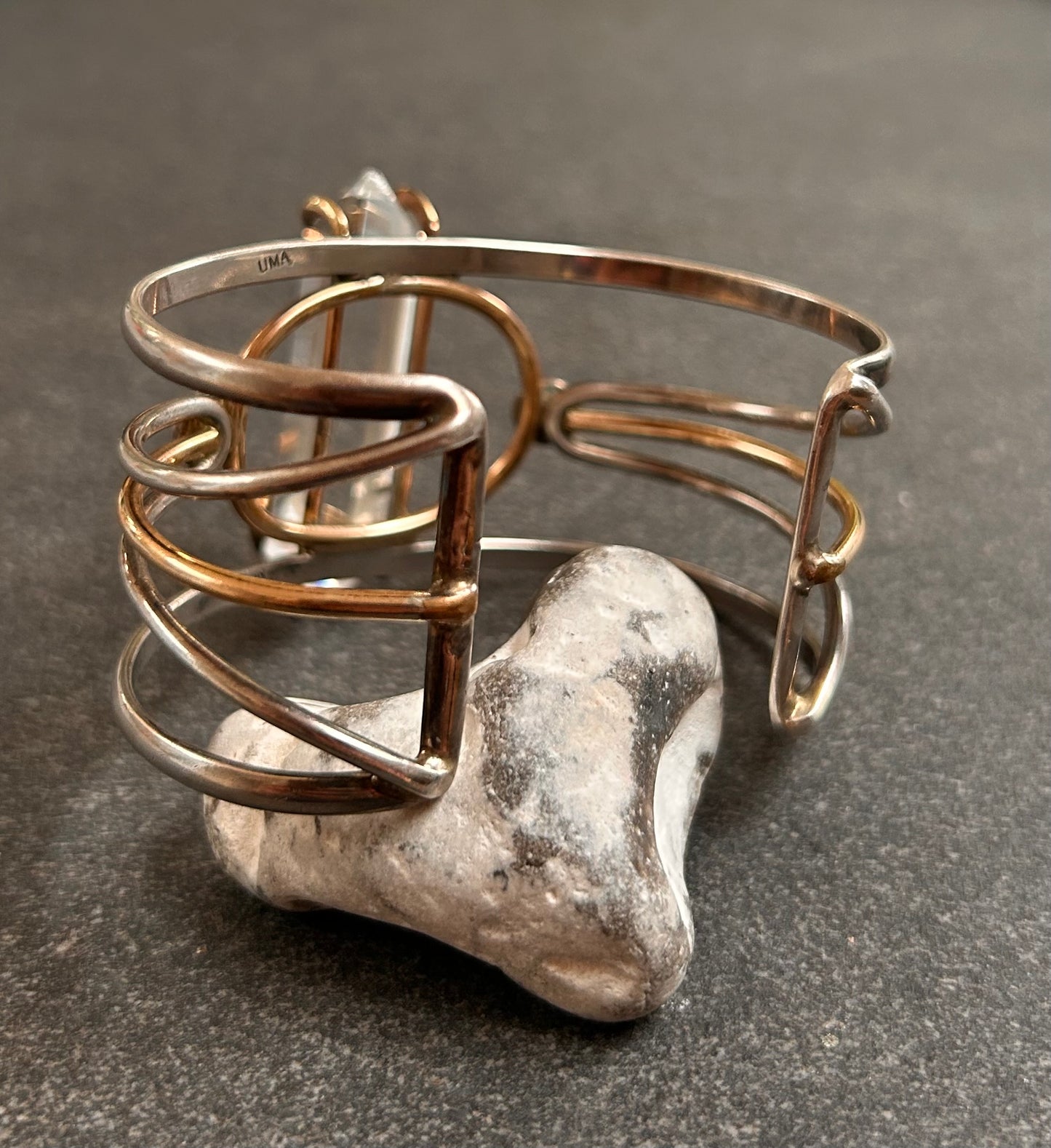 Exceptional Vintage Uma Silbey Sterling Silver, Copper, Quartz and Lapis Lazuli Bangle – Collector's Piece