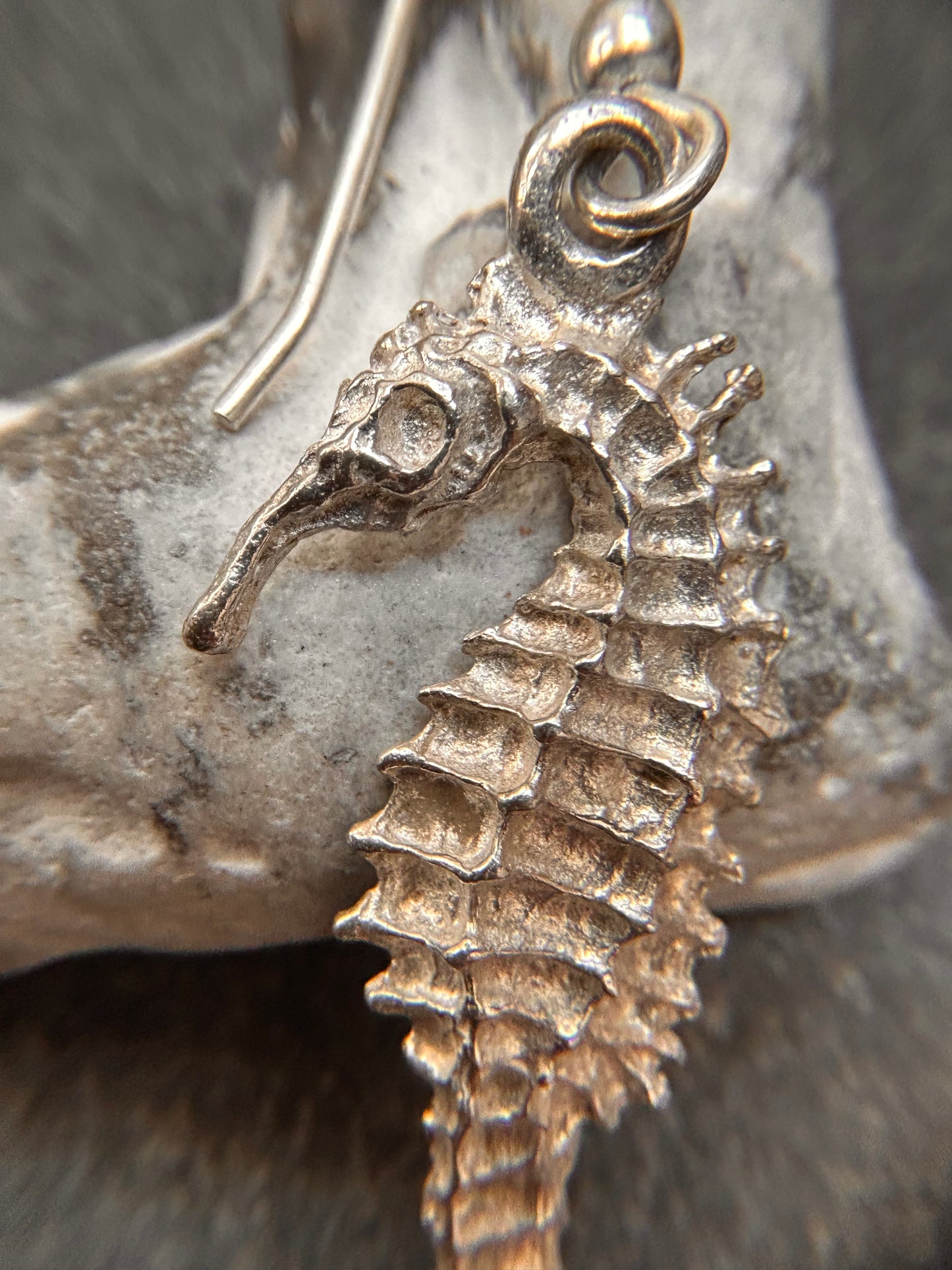 Vintage Artisan Sand-Cast Sterling Silver Seahorse Earrings