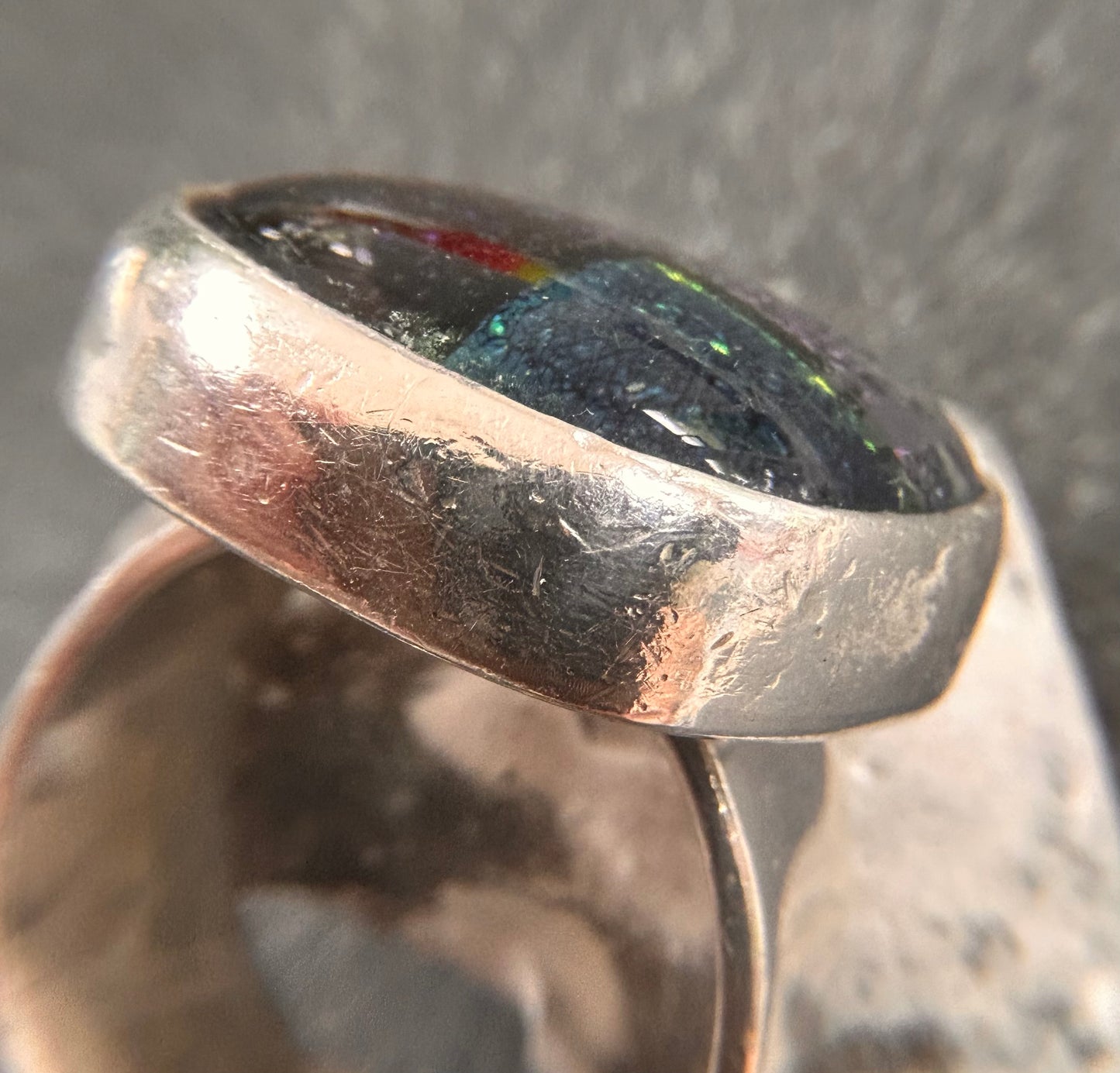 Vintage Sterling Silver Chunky Dichroic Glass Ring – Size S
