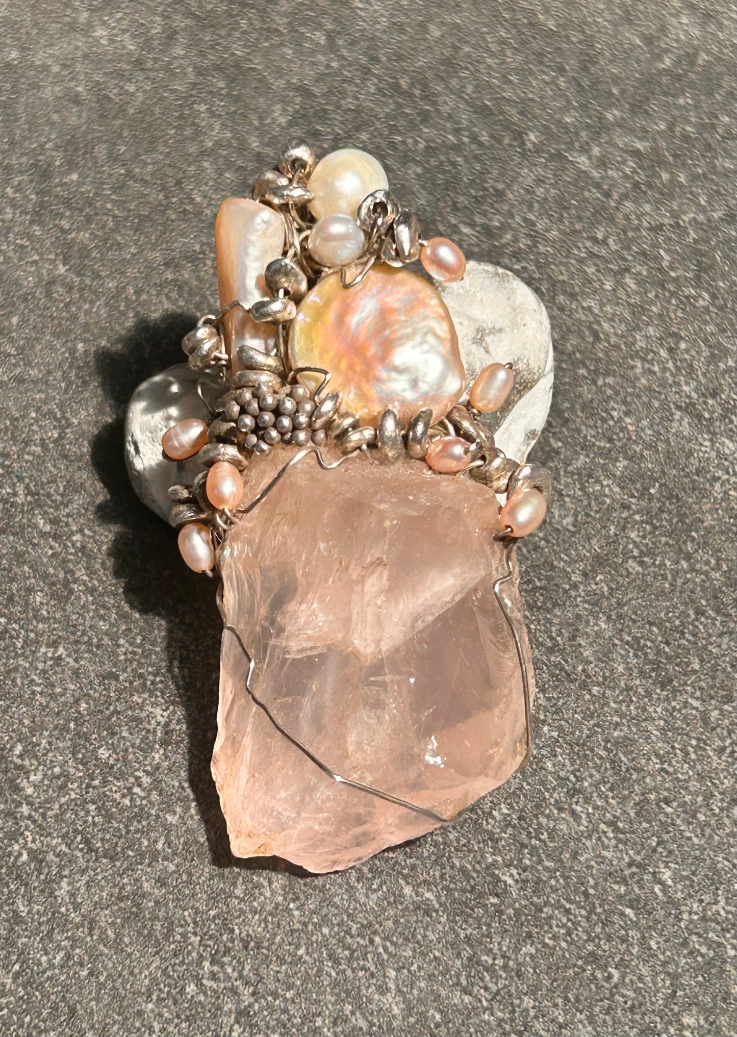 Unique Handmade Rose Quartz, Pearl and Sterling Silver Pendant