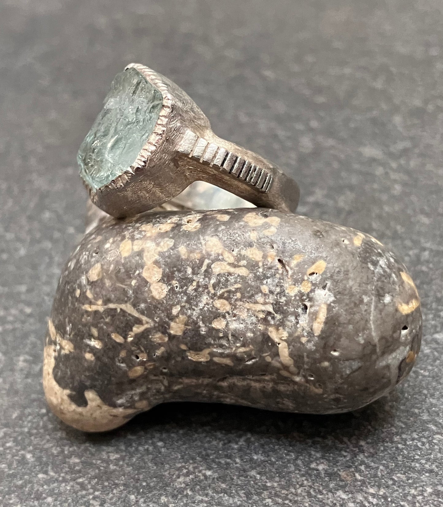 Artisan vintage ‘one off’ raw cut piece of aquamarine crystal ring.