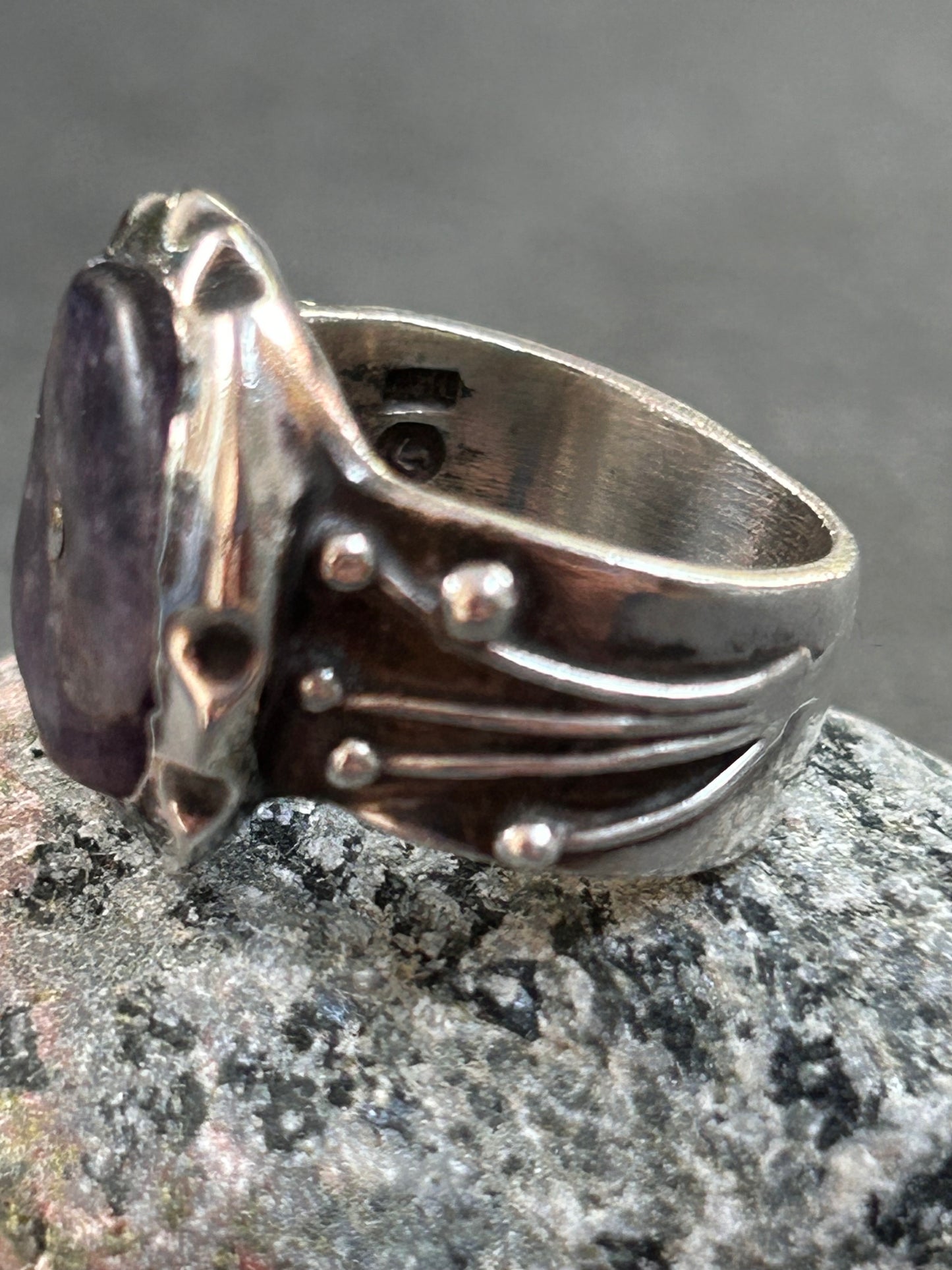 This artisan amethyst ring is a striking, one-of-a-kind.