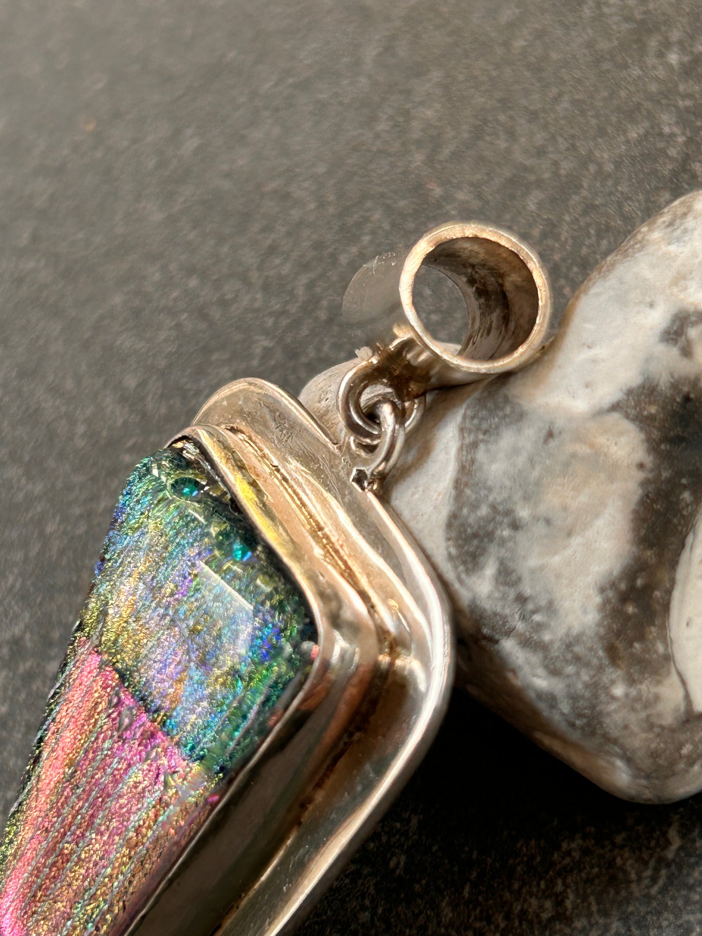 A striking vintage sterling silver dichroic glass pendant in an exceptional large statement size