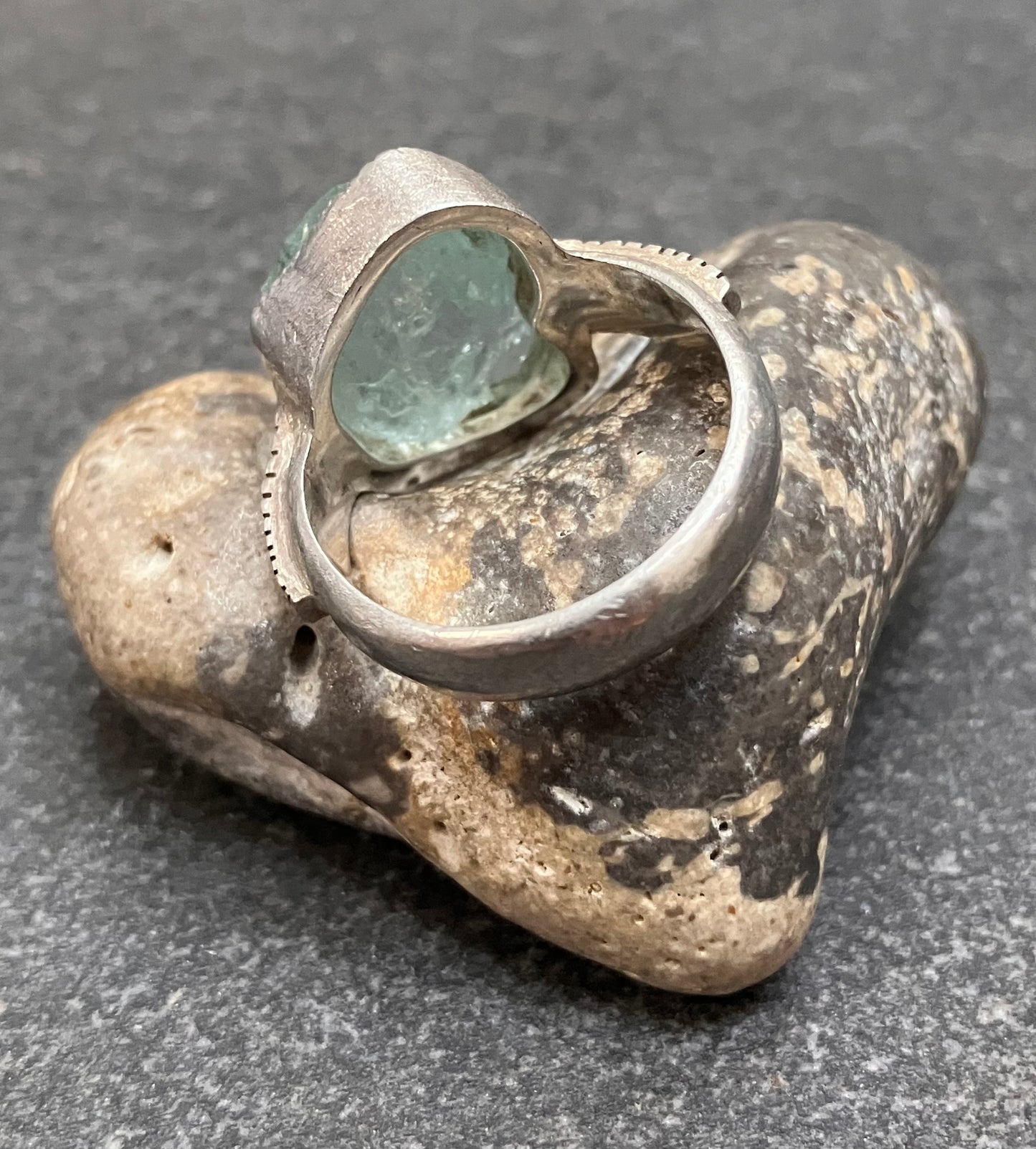 Artisan vintage ‘one off’ raw cut piece of aquamarine crystal ring.