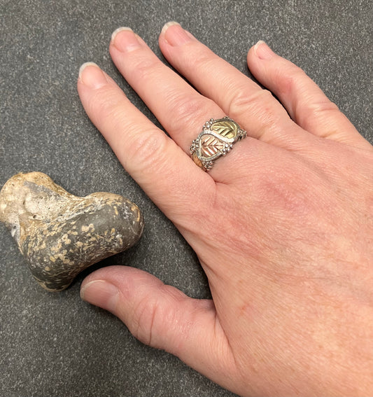 Wonderful vintage sterling silver and 12k gold and rose gold leaf ring. Made by Coleman &Co Black Hills.