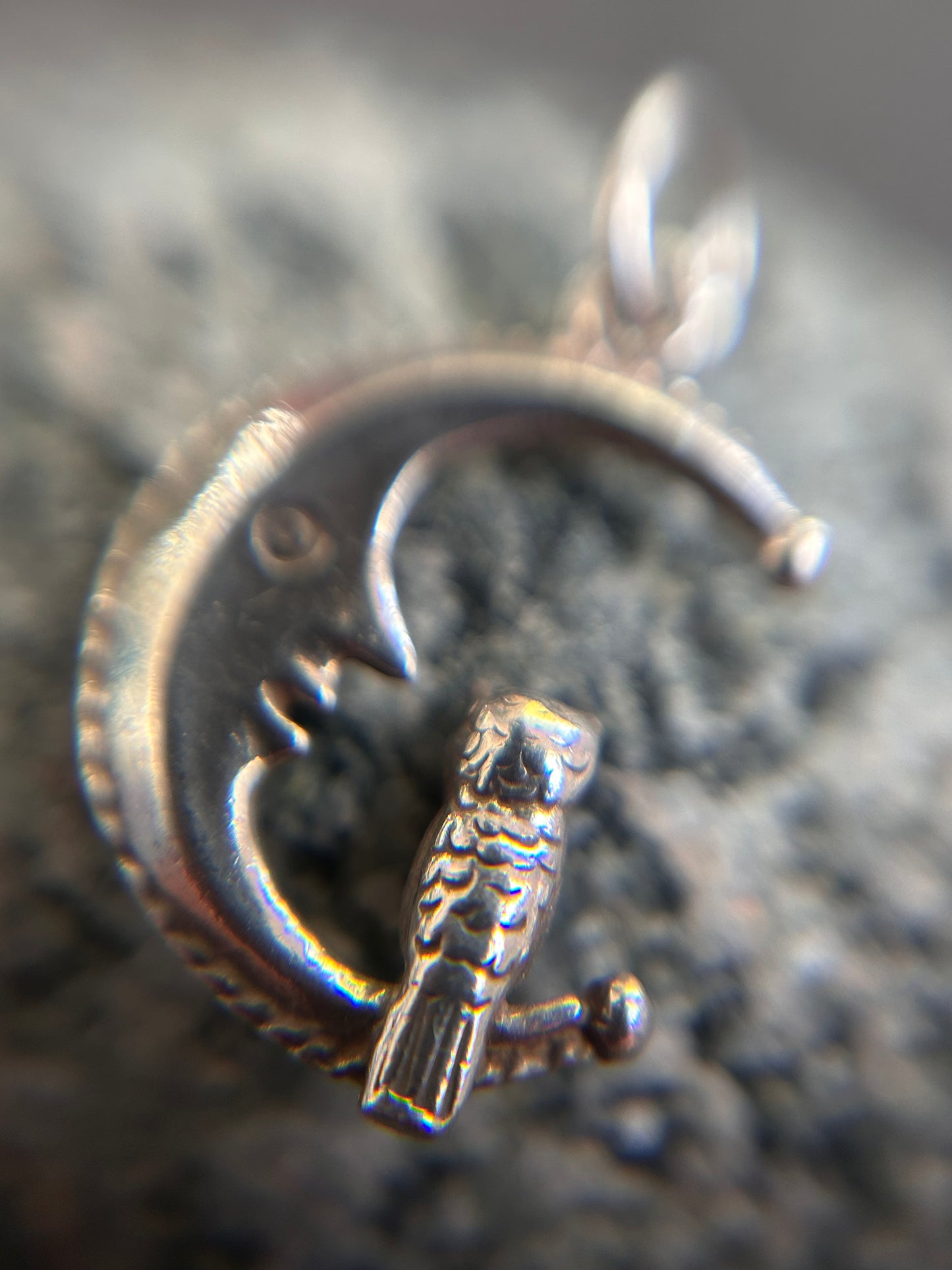 A beautifully whimsical vintage moon and owl pendant