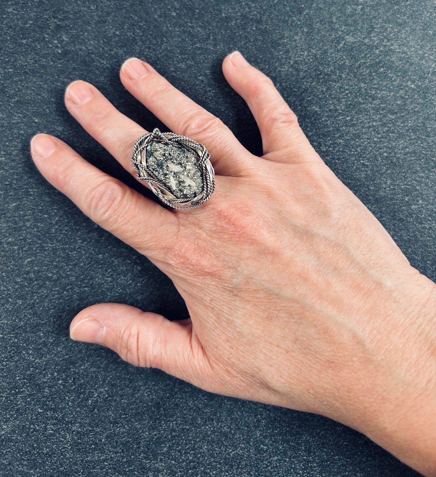Striking vintage sterling silver ring with stunning pyrite (fool’s gold)