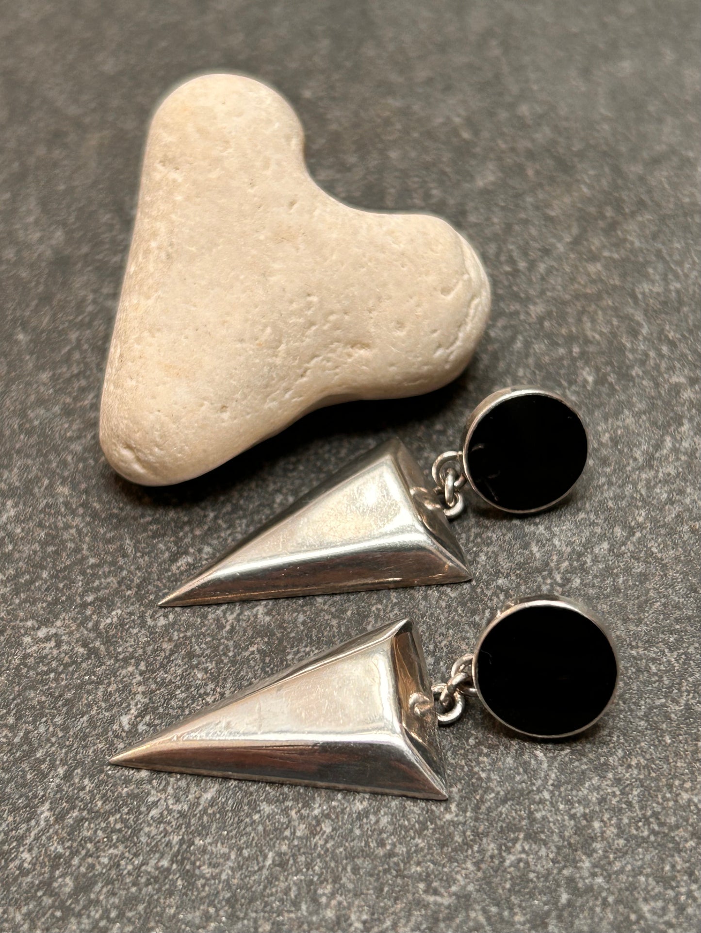 A pair of vintage sterling silver geometric drop earrings with a distinct 1980s aesthetic.