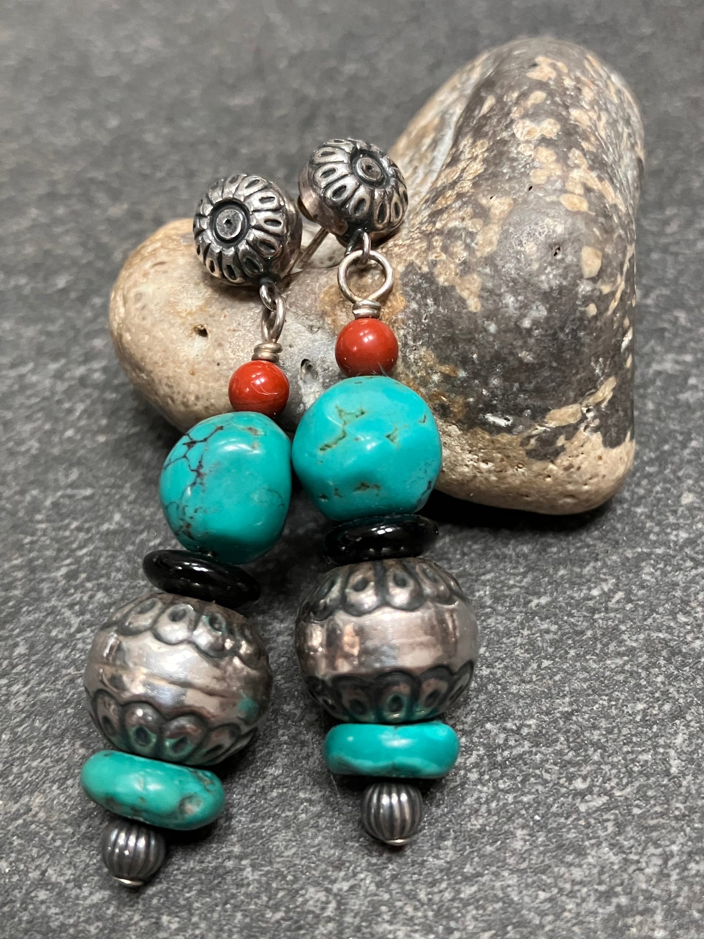 Vintage sterling silver, turquoise, obsidian and mahogany obsidian earrings.