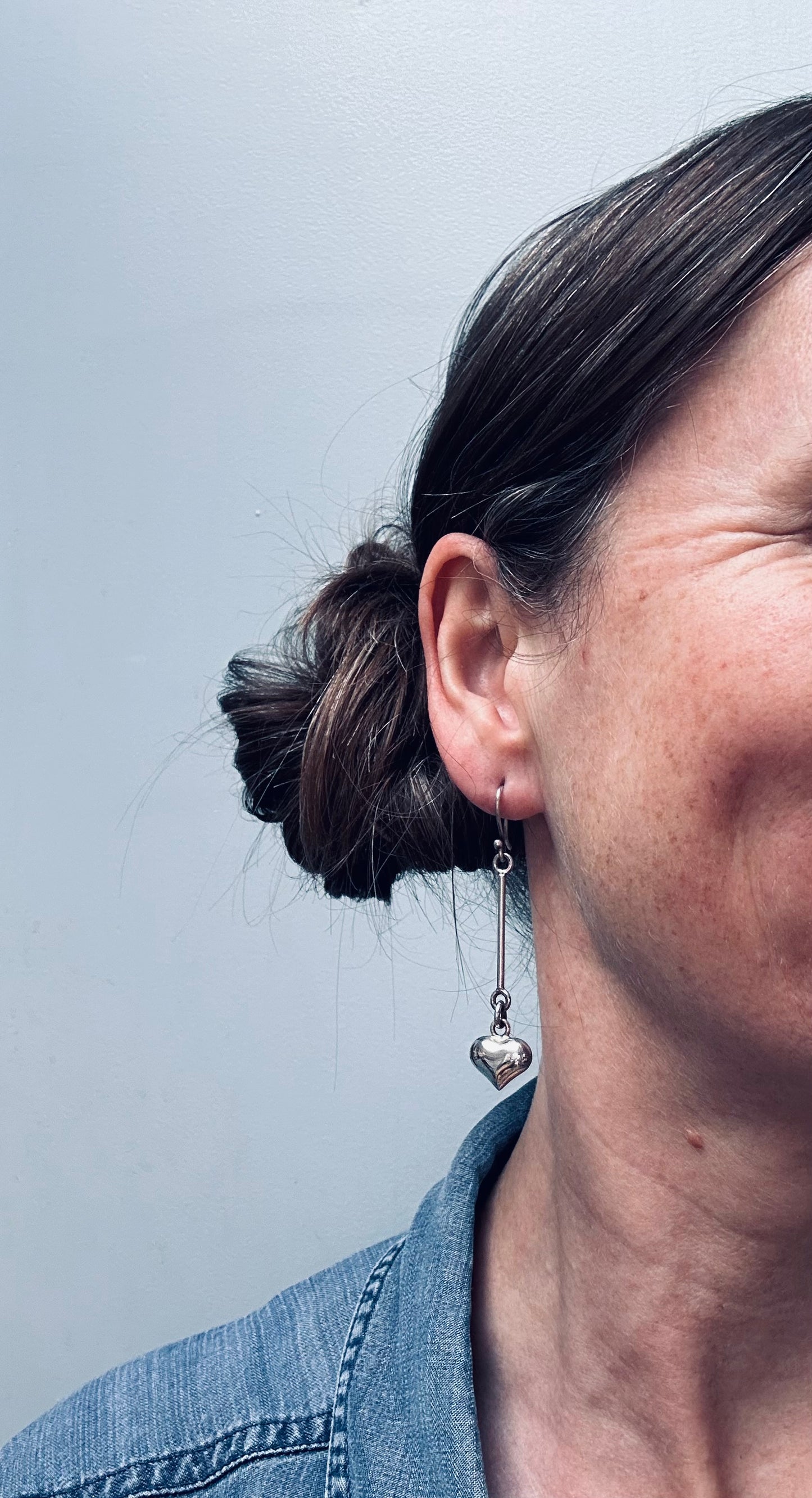 Vintage Sterling Silver Puff Heart Dangle Earrings