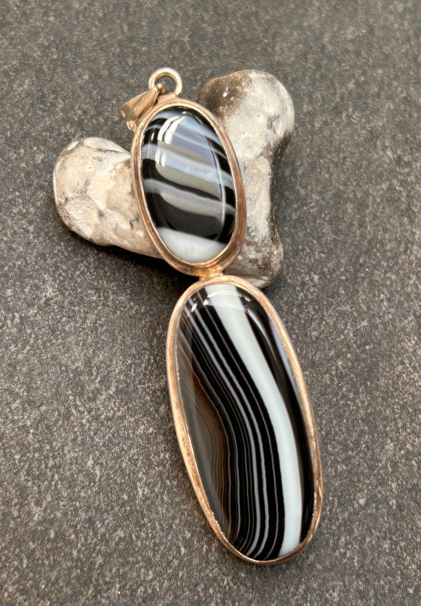 Vintage Sterling Silver Black Banded Agate Statement Pendant.