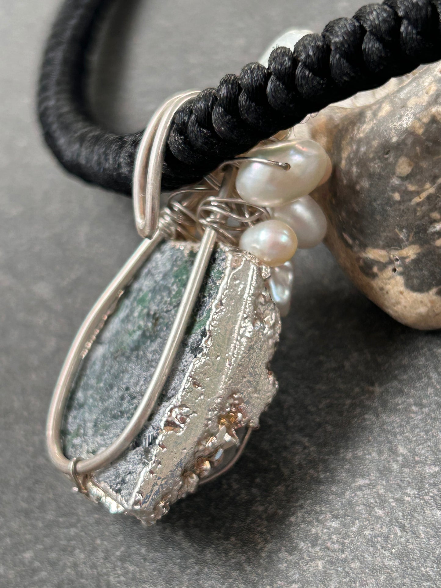 Unique handmade artisan pendant, a combination of Aquamarine crystal, pearls and sterling silver