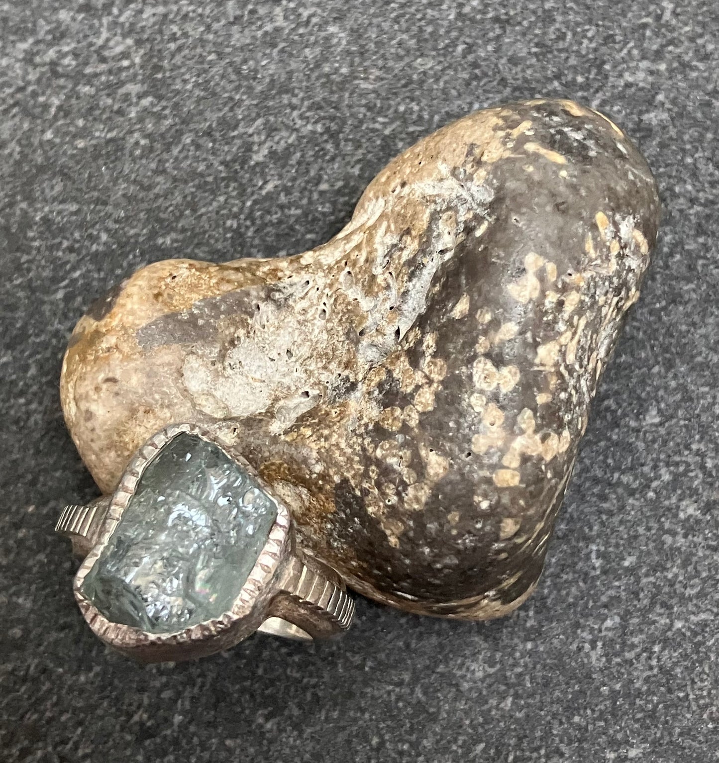 Artisan vintage ‘one off’ raw cut piece of aquamarine crystal ring.