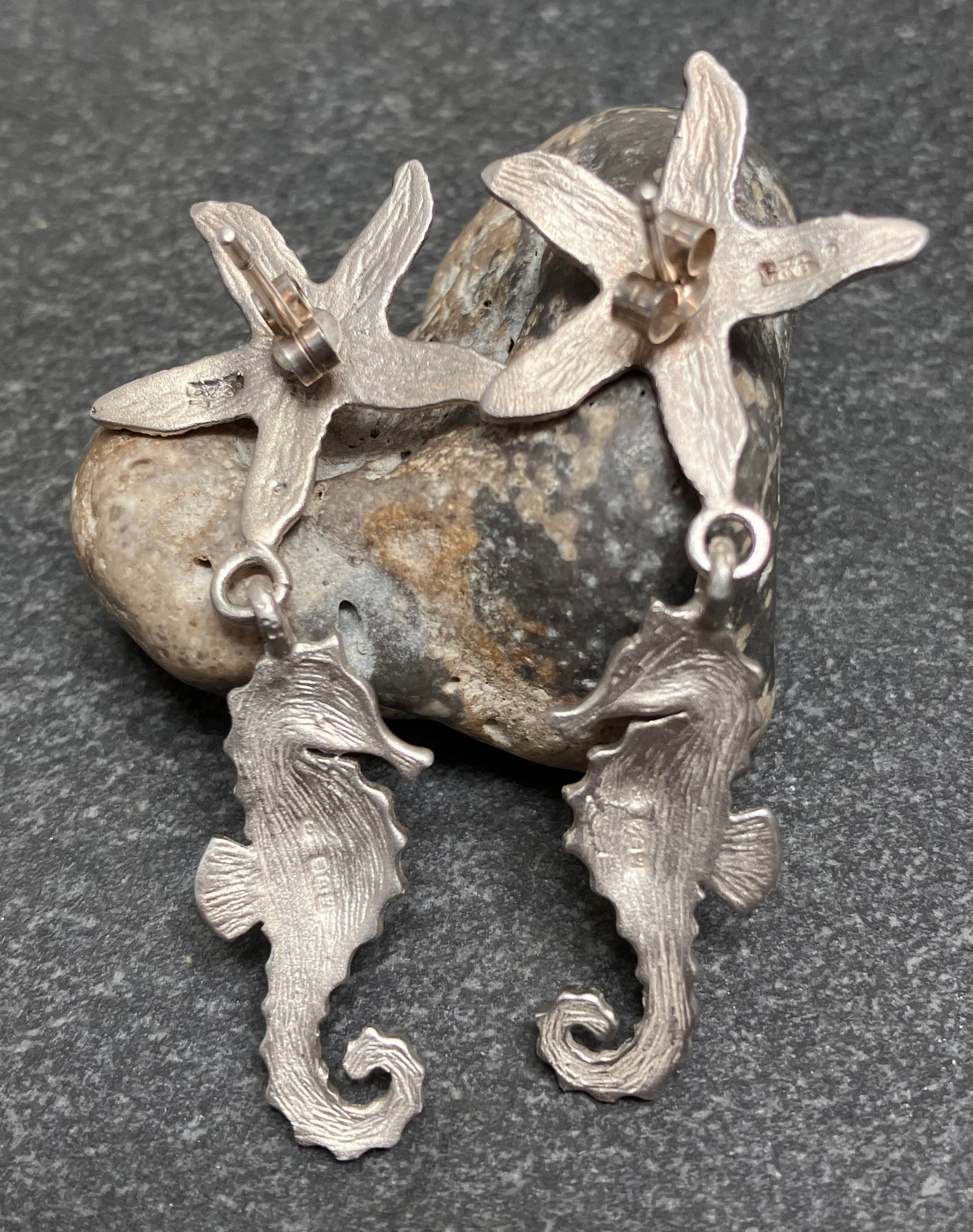 Vintage sterling silver artisan starfish and seahorse earrings. 1998